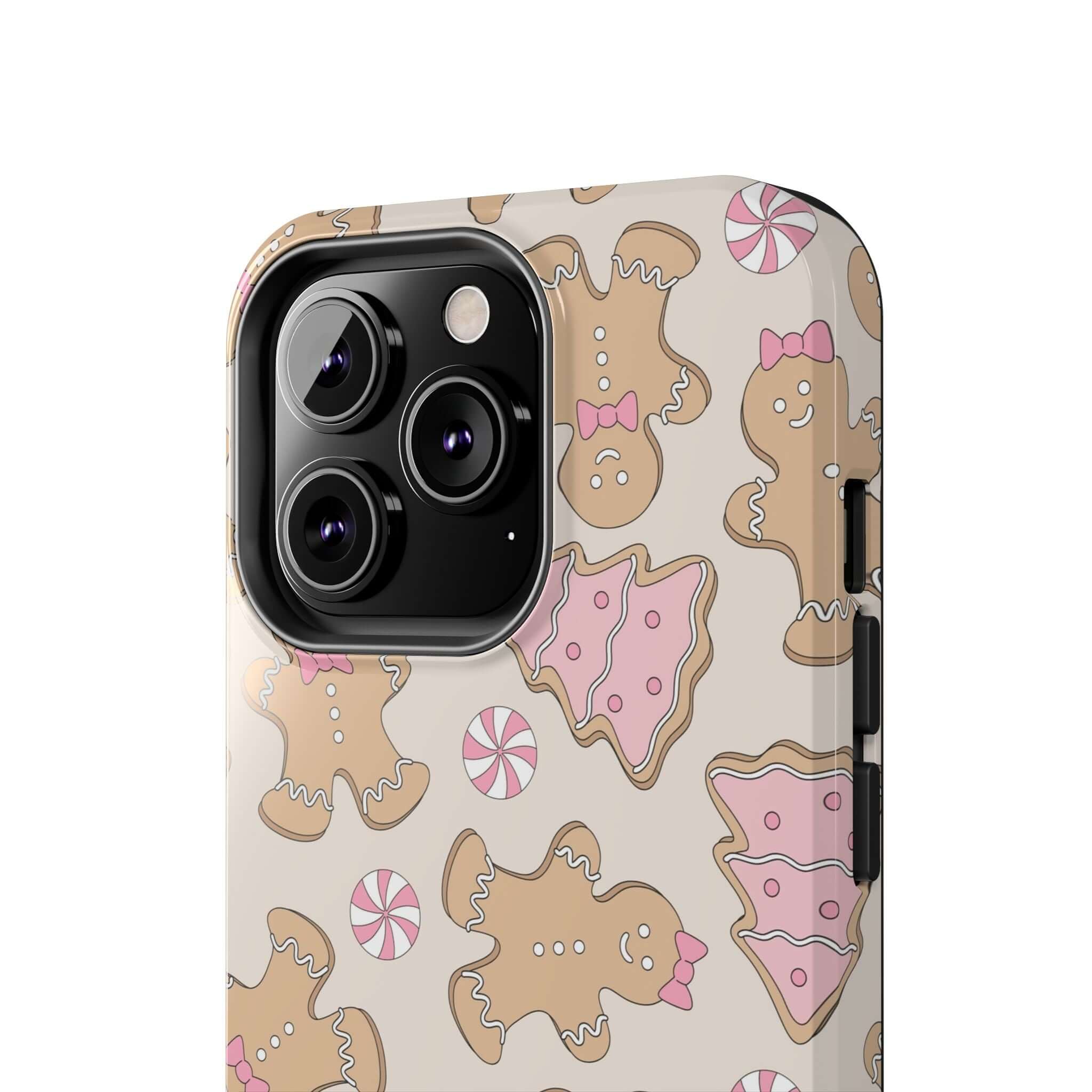 Cute gingerbread girlie iPhone case with holiday design and pink accents, perfect Christmas gift for phone protection and festive cheer.