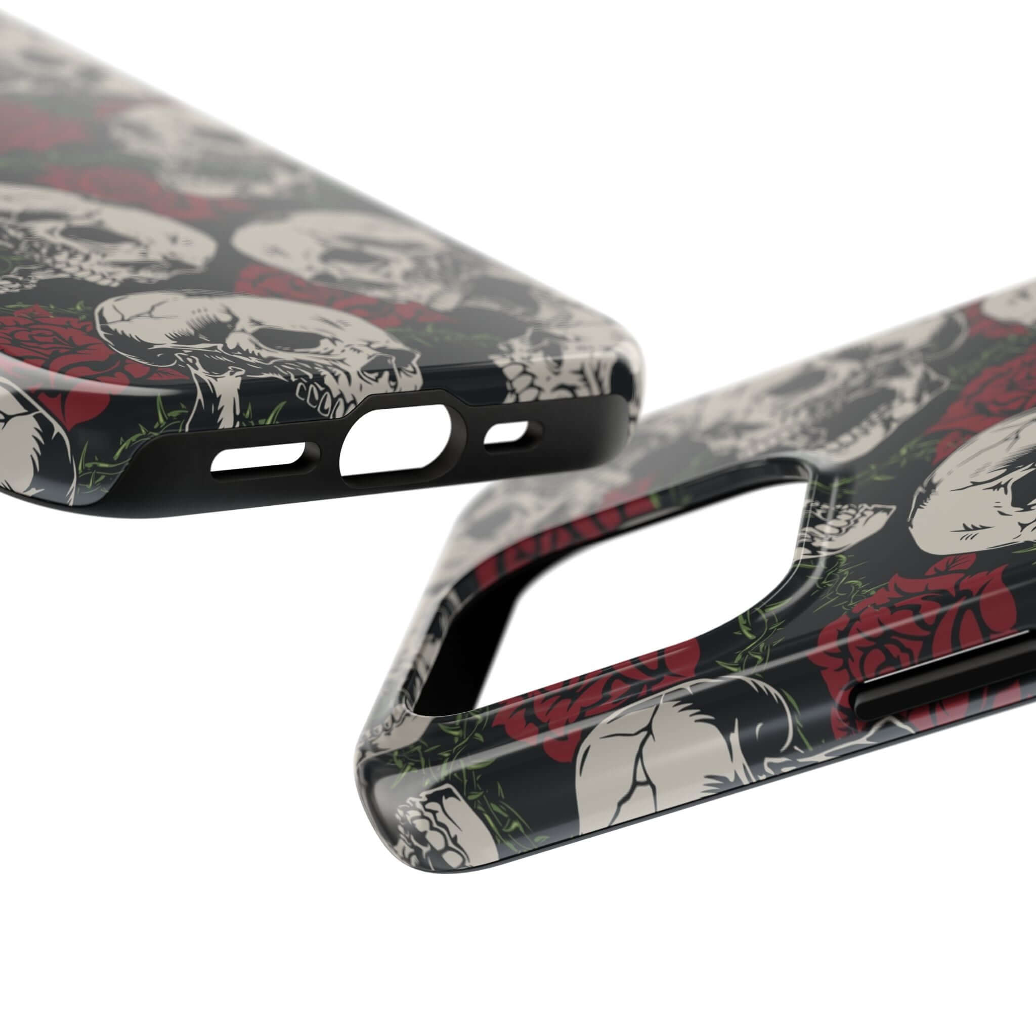 Close-up of Baddie Girl Vibes Skull Rose Case, a cute MagSafe iPhone 16 case featuring skulls and roses design for protective style.