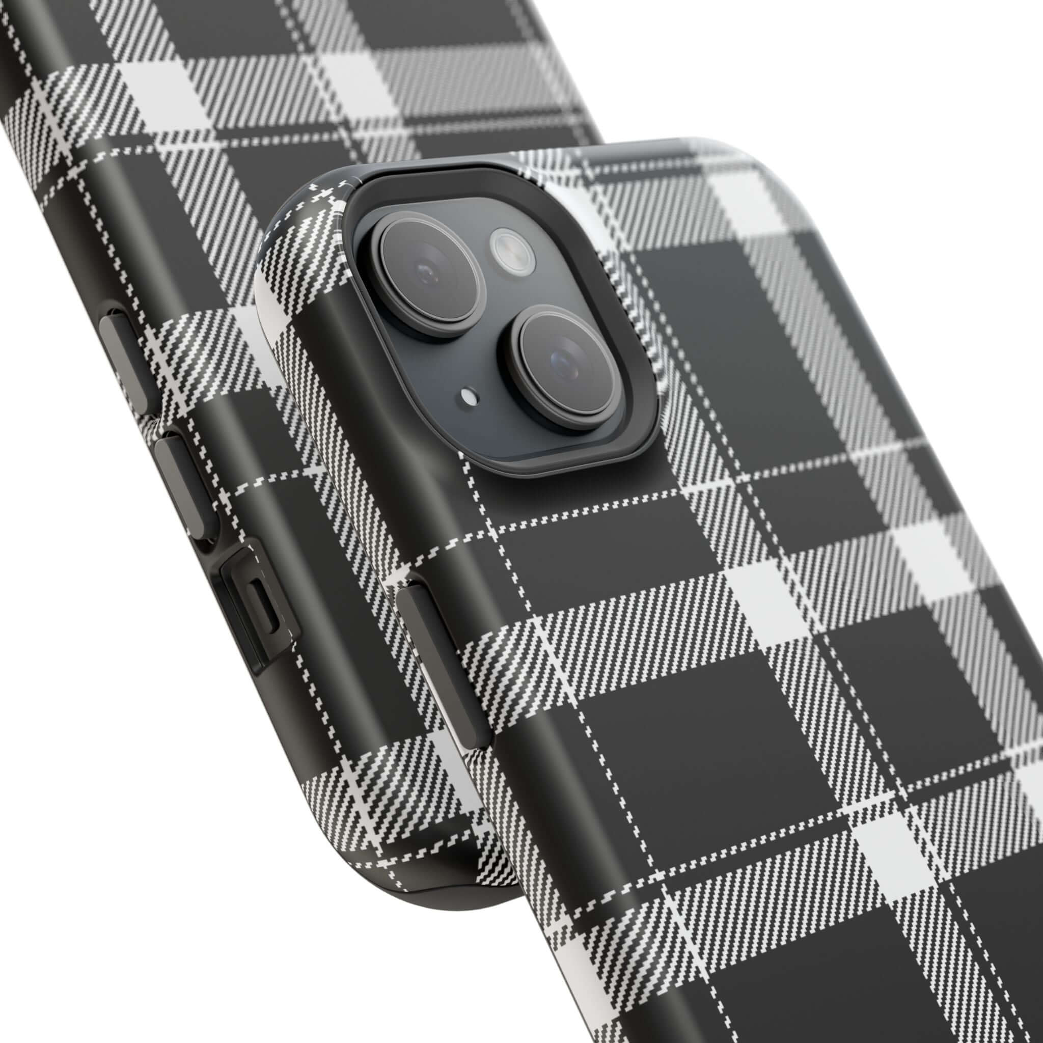 Close-up of a stylish black plaid iPhone case, showcasing a cute phone cover for Apple devices. Perfect for fashion enthusiasts!