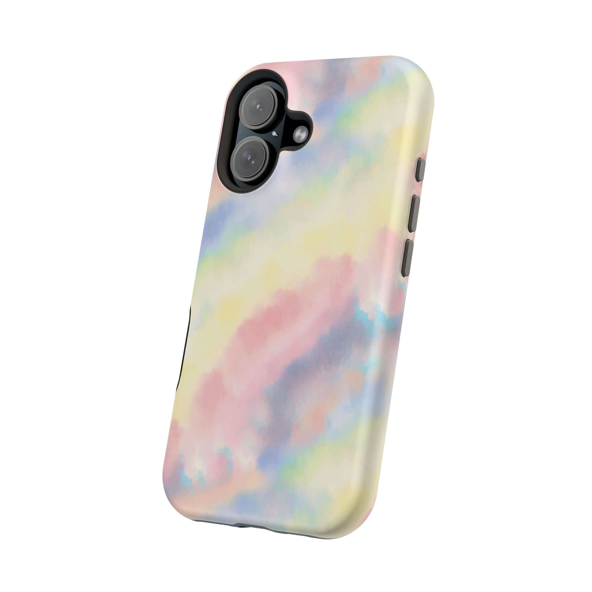 Cute iPhone case with pastel tie dye design, MagSafe compatible, perfect for a unique phone case design.