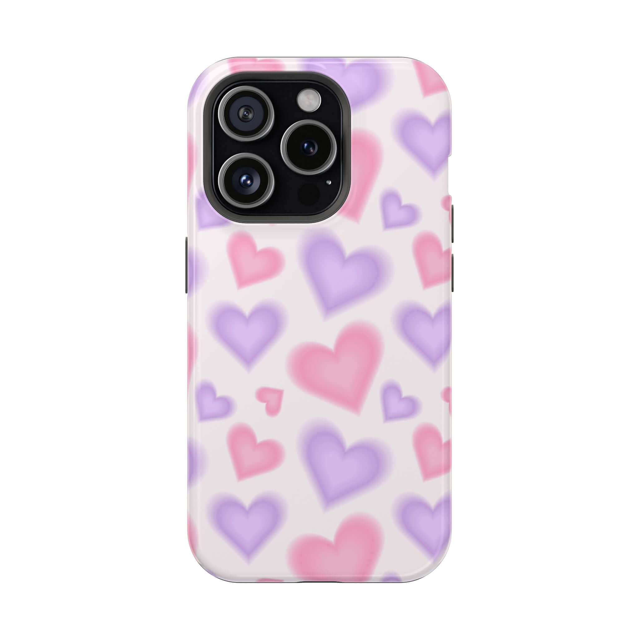 Cute phone cover with pink and purple hearts, perfect Apple iPhone case to add a playful touch to your device.