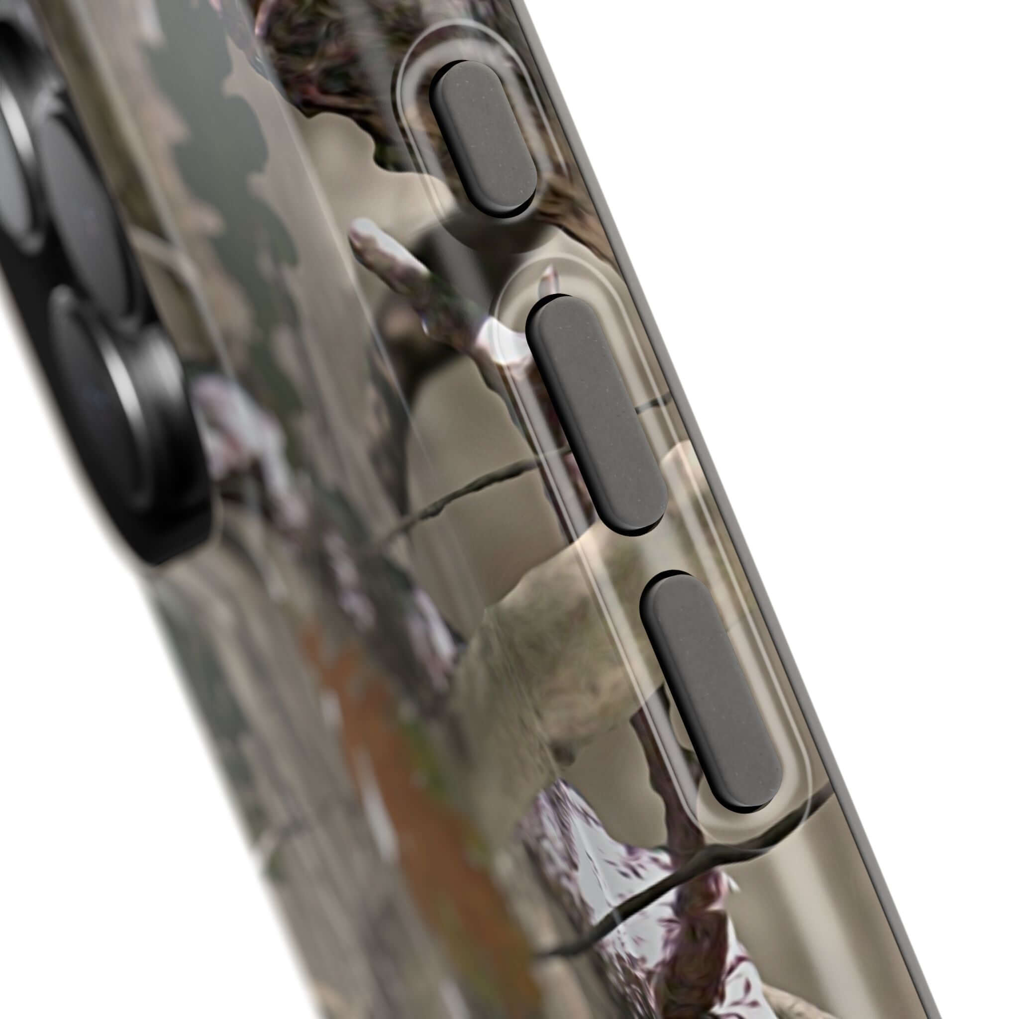 Close-up of Forest Camo Couture phone case showing side buttons, featuring modern animal print design compatible with MagSafe technology.