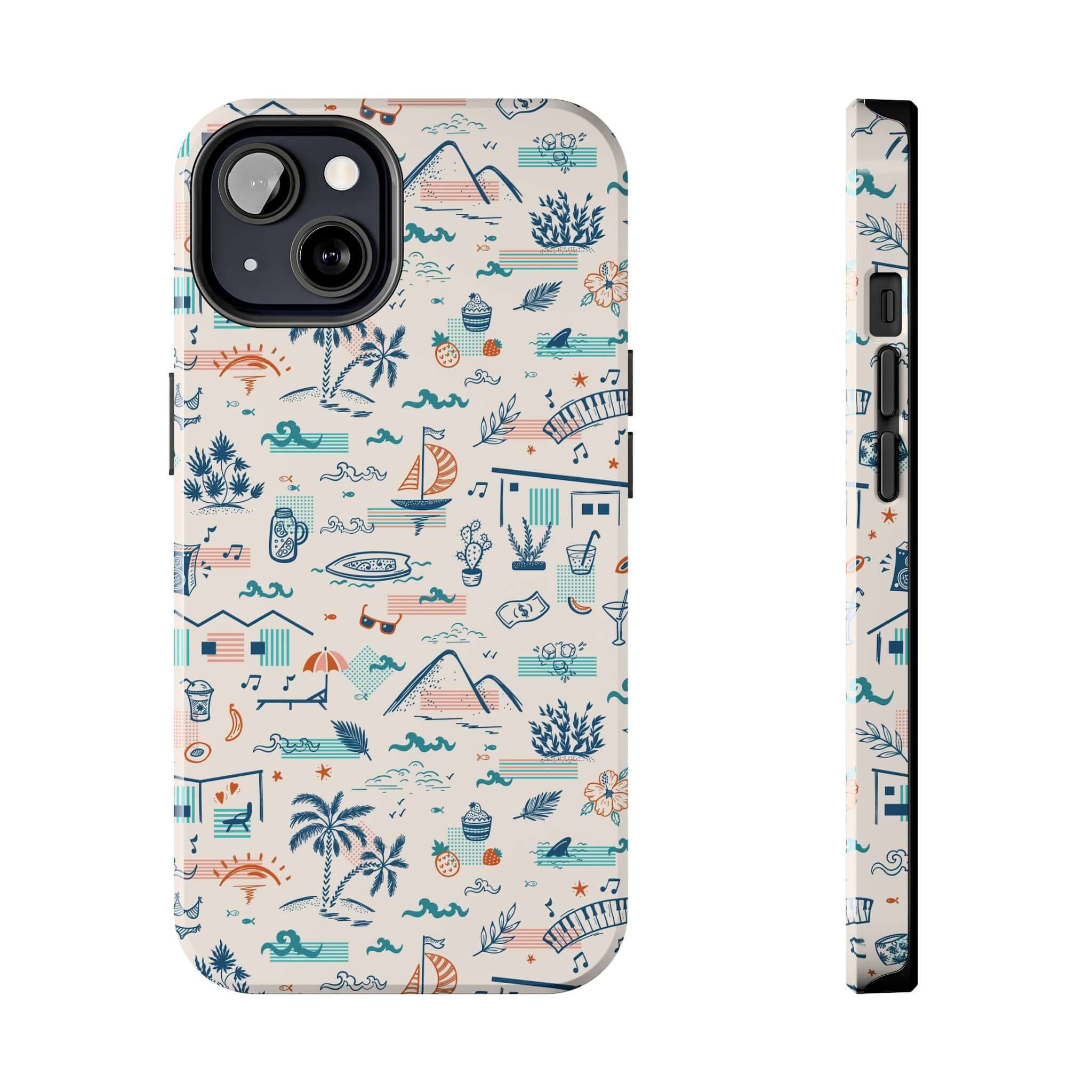 Colorful iPhone 14 Pro Max case with summer vacation design featuring palm trees, beaches, and playful illustrations.