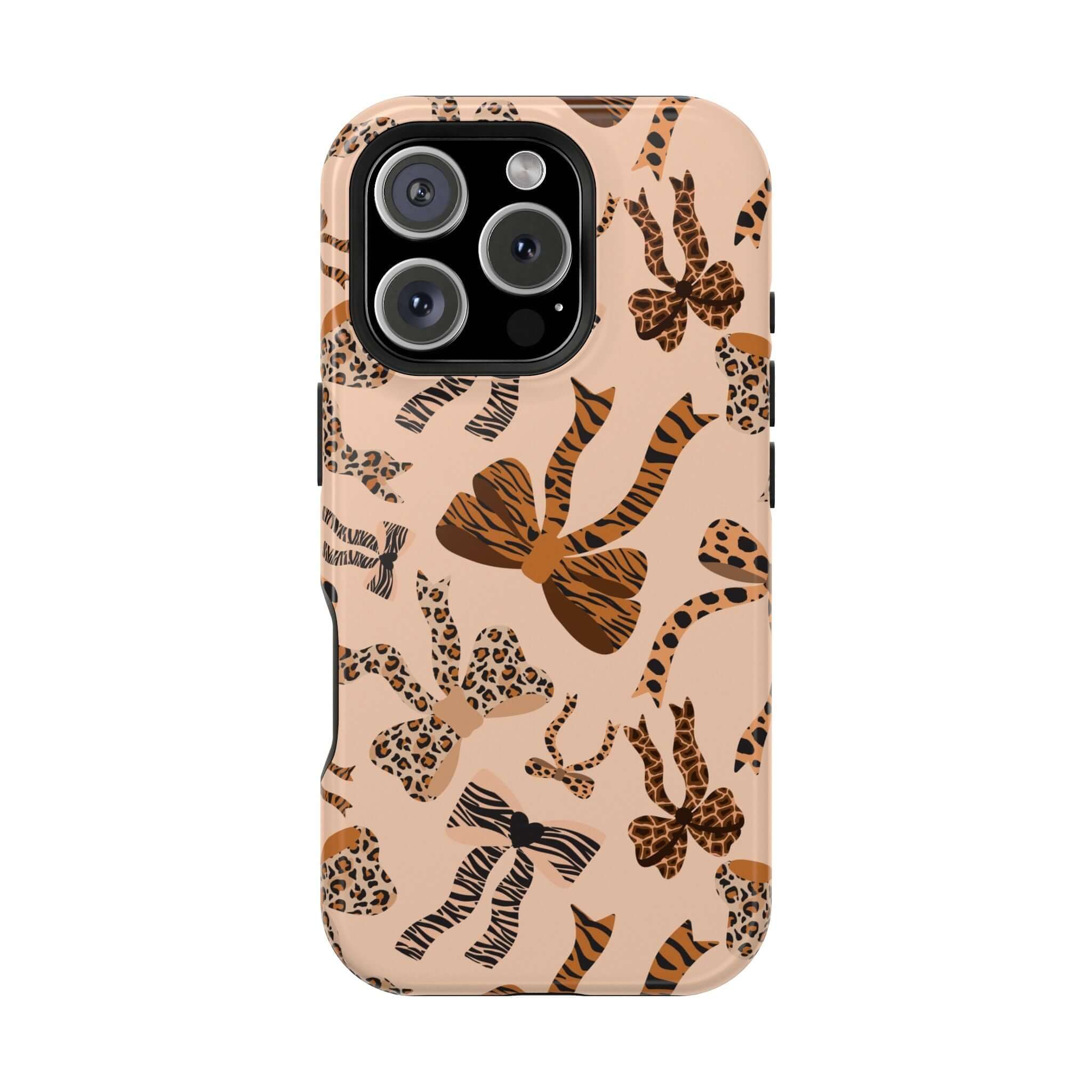 Colorful iPhone case with leopard pattern and cute bows, Safari Coquette design, abstract and playful phone accessory.