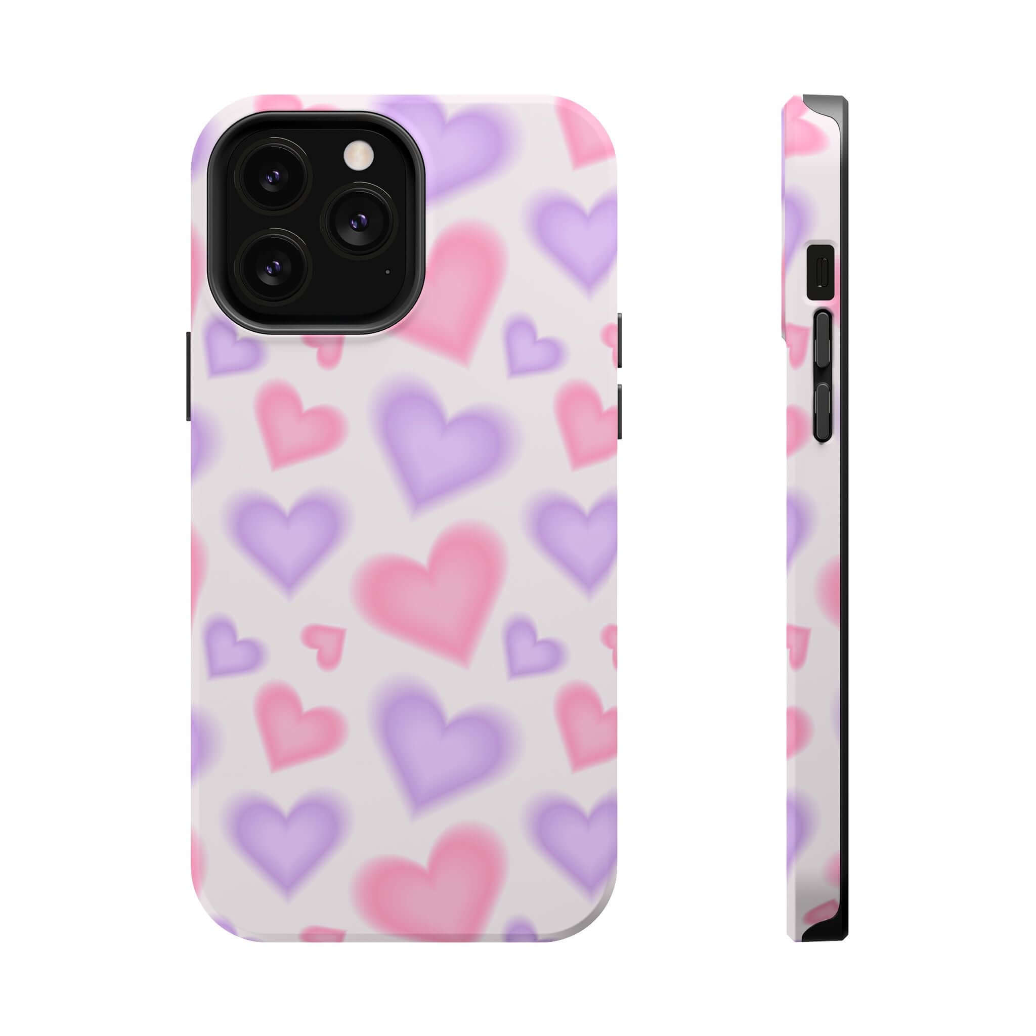 Cute iPhone case with pink and purple blurred hearts, perfect for adding a playful touch to your phone. Ideal Apple iPhone cover!