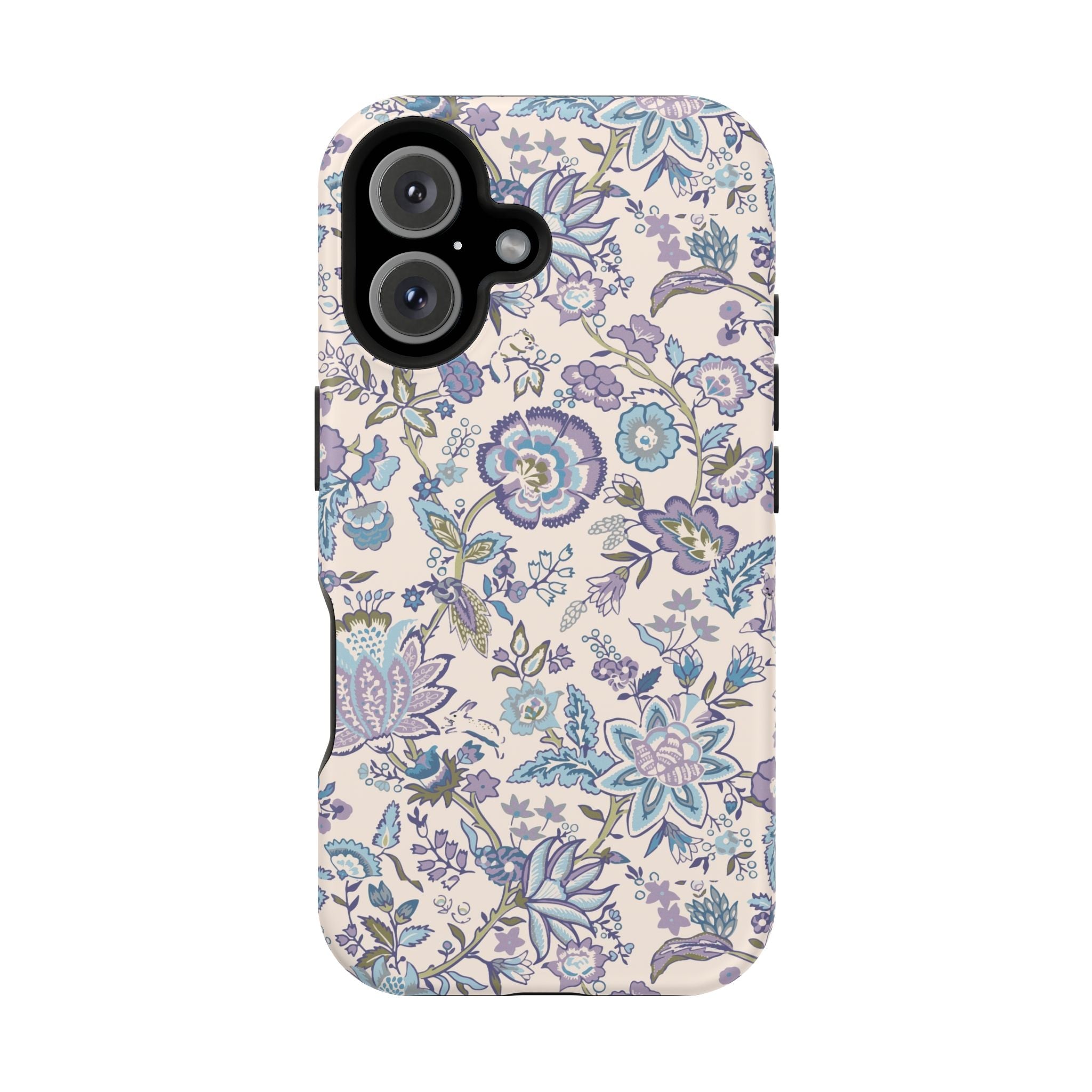 Blue CottageCore floral MagSafe iPhone case, cute phone cover with whimsical garden design, perfect floral iPhone case.