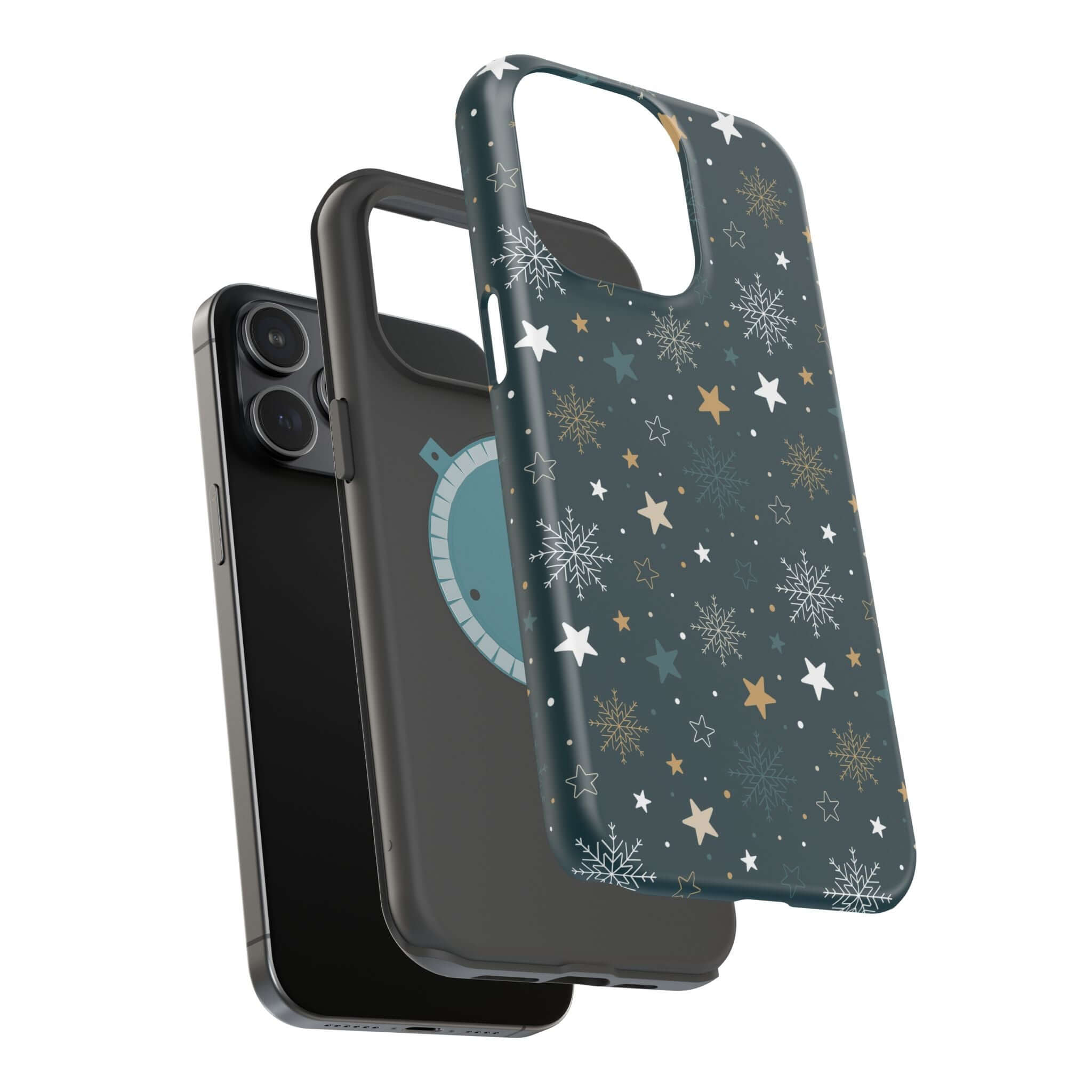 Frosted Wishes Christmas MagSafe phone case with festive star and snowflake design, perfect holiday accessory for secure charging.