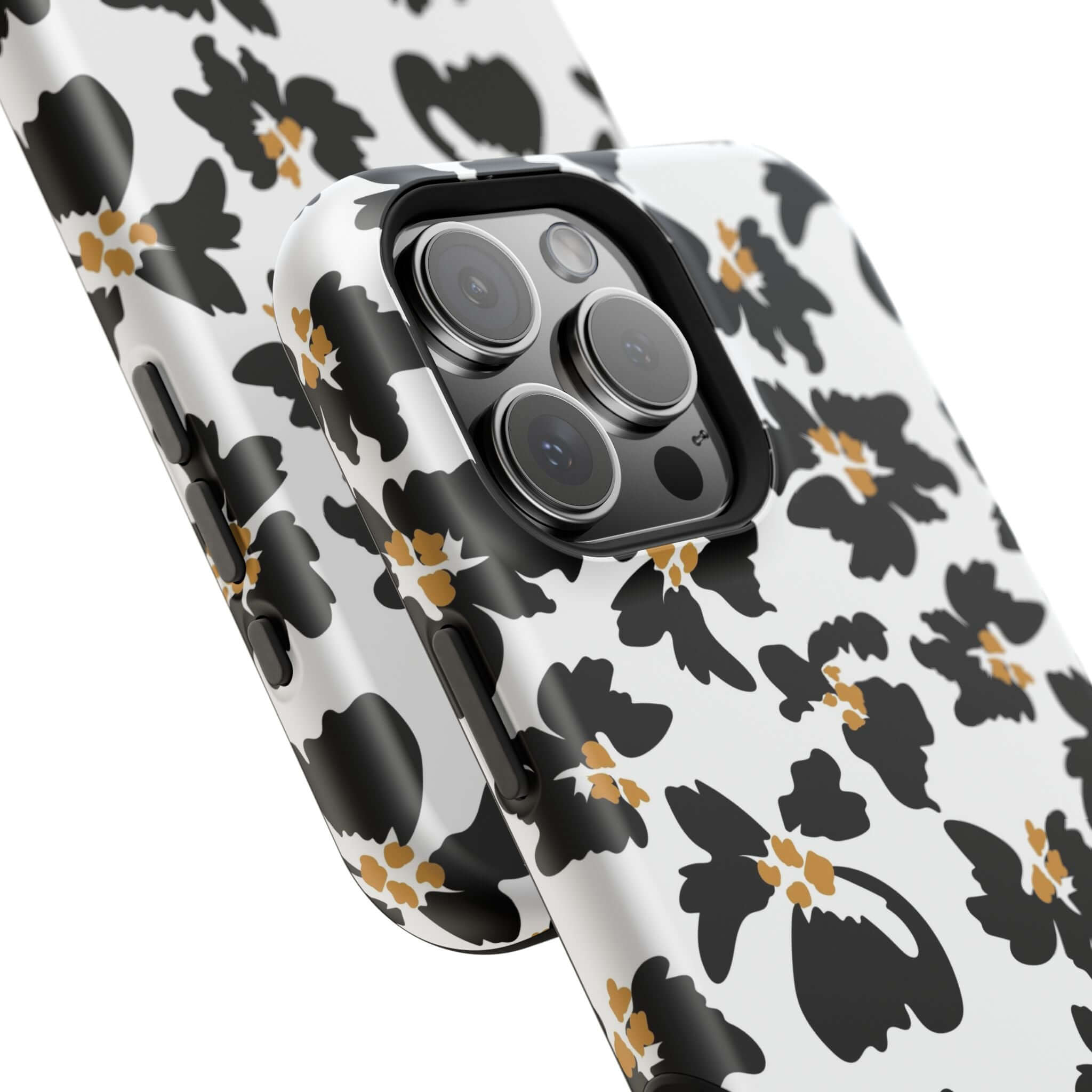 Modern phone case with black floral pattern, cute MagSafe design, animal print style for iPhone protection and fashion.