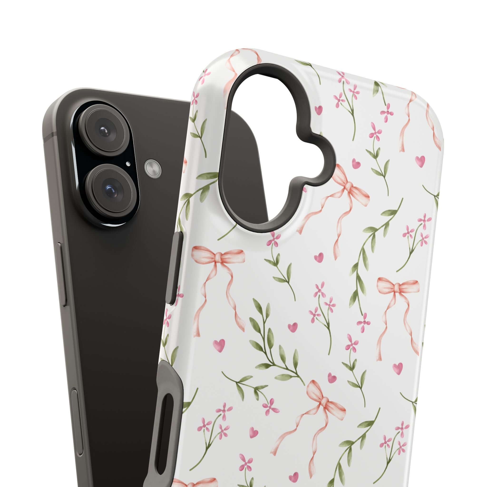 Pink Coquette Case by Darling Daydream featuring bows and floral design, MagSafe compatible iPhone case, cute phone cover.