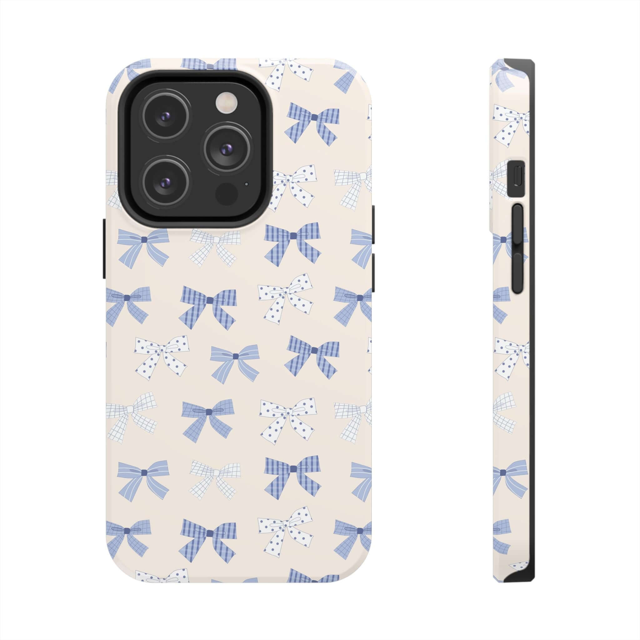 Cute iPhone 16 case with blue bow design, perfect for brides-to-be, Blue Coquette Case.