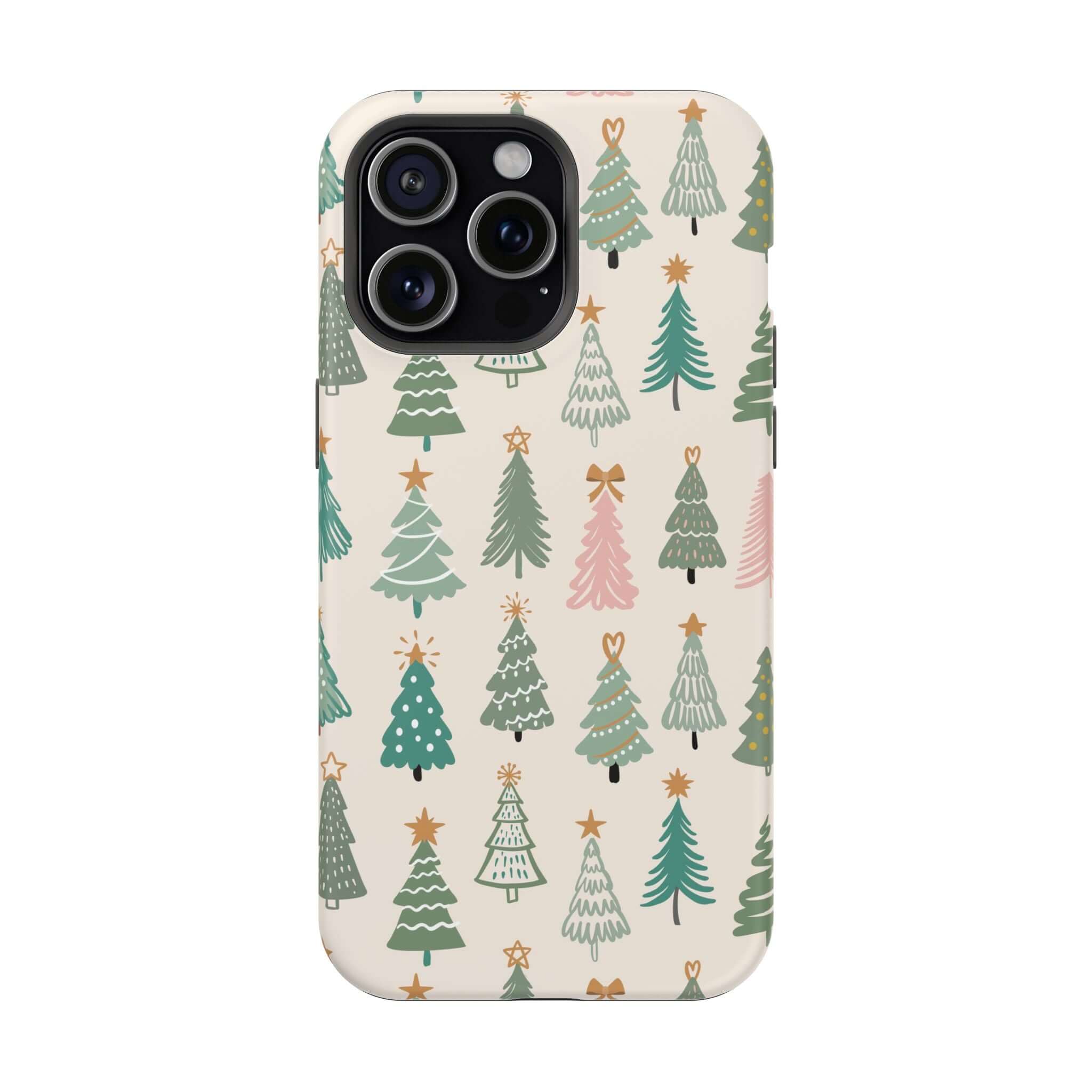 Festive O Christmas Tree MagSafe case with colorful tree design; perfect cute holiday and Xmas phone cover.