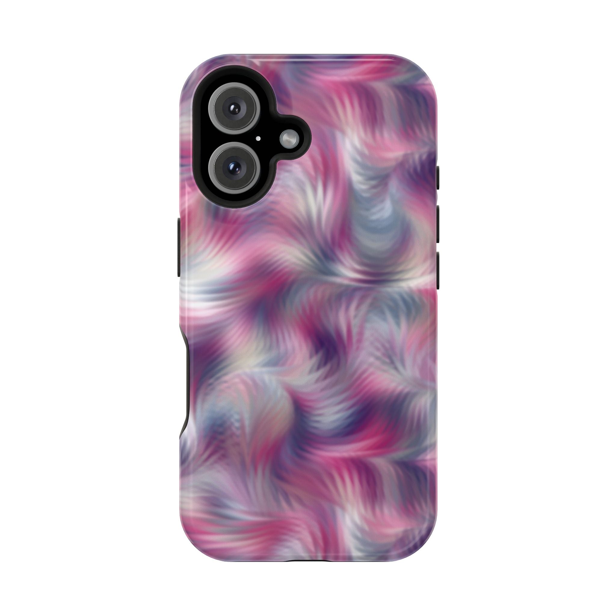 MagSafe iPhone case with purple abstract tie dye swirl design for a cute phone cover. Playful and quirky phone protection.