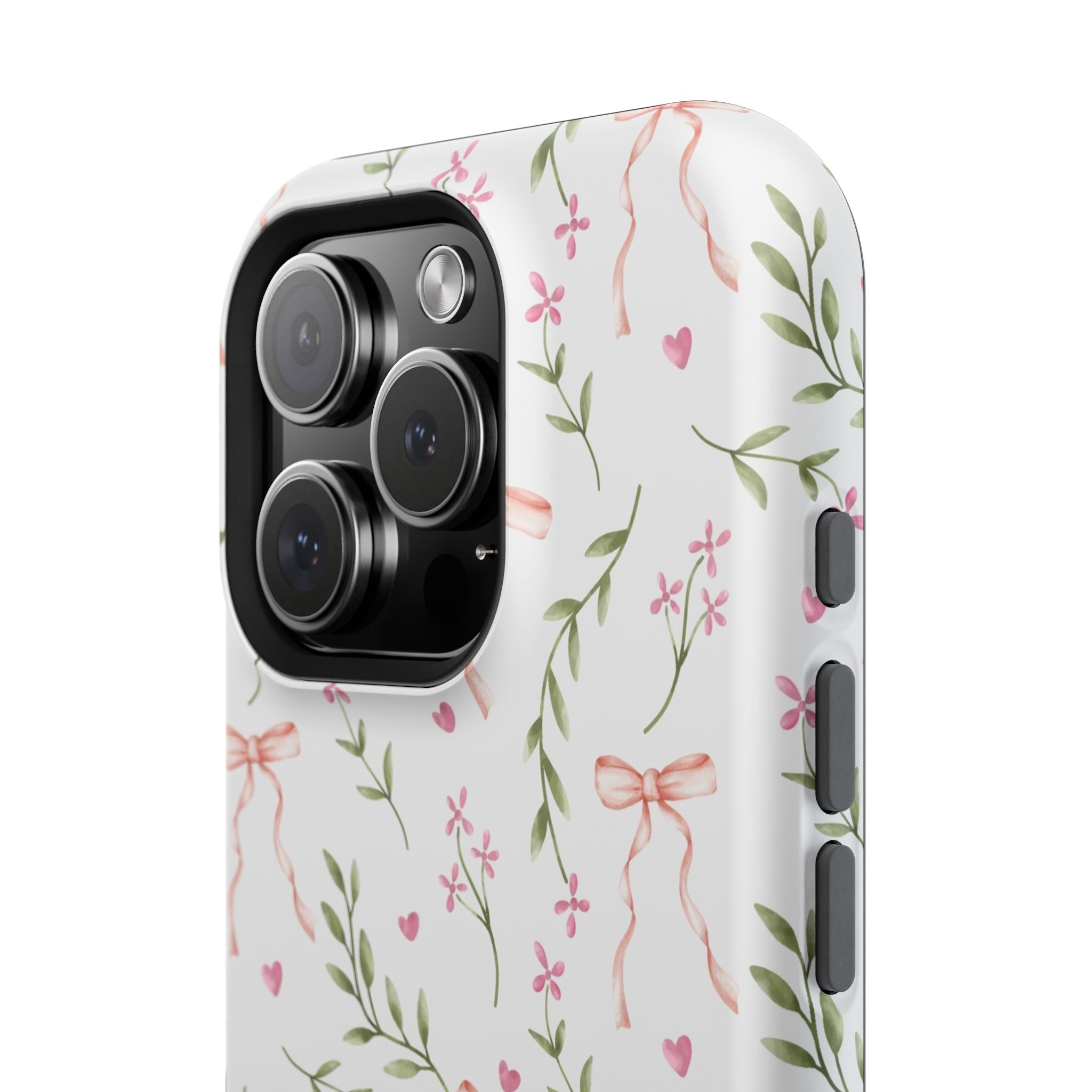 Pink Coquette Case with floral design for iPhone, featuring charming bows and MagSafe compatibility. Cute phone cover by Darling Daydream.