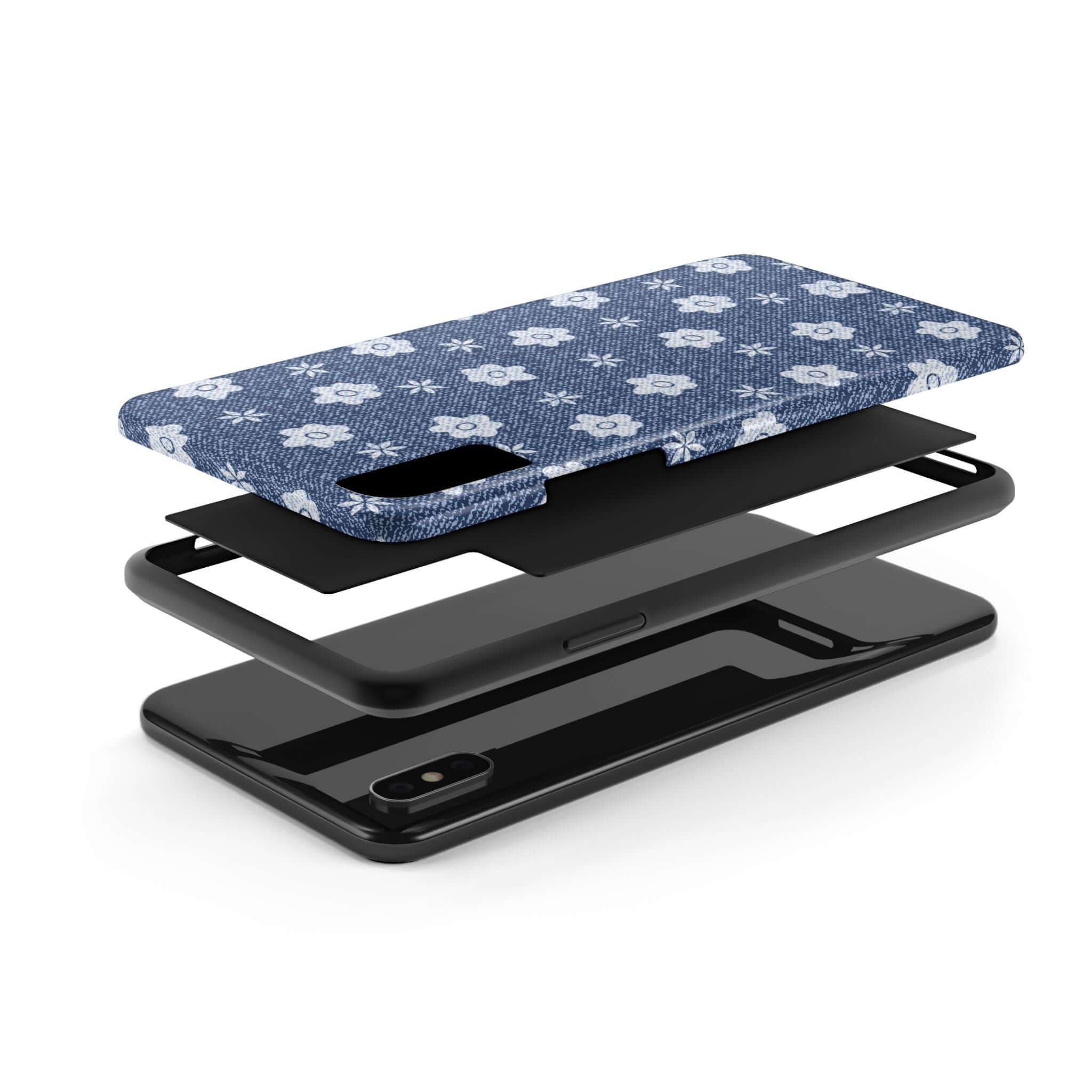 Exploded view of Thrifting Haul Daisies Denim Case for iPhone, showing multiple layers of cute and protective phone case. Free shipping available.