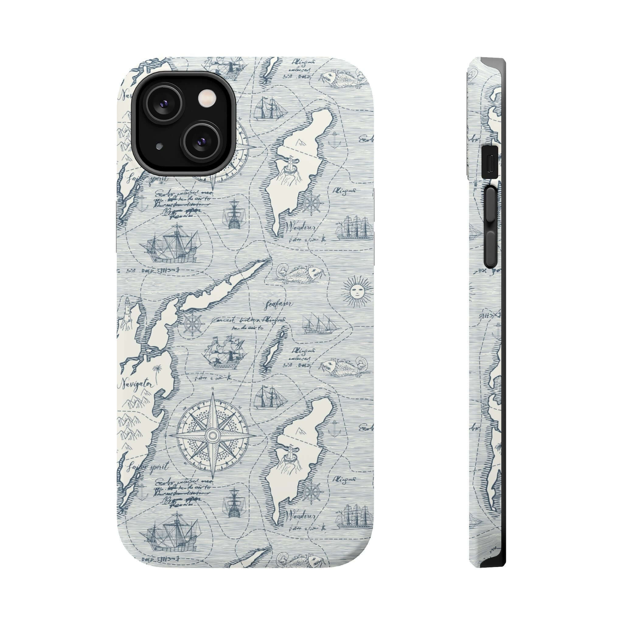 Teal Pirates Passageway phone case for iPhone 14 Pro Max featuring a nautical map design, equipped with MagSafe technology.