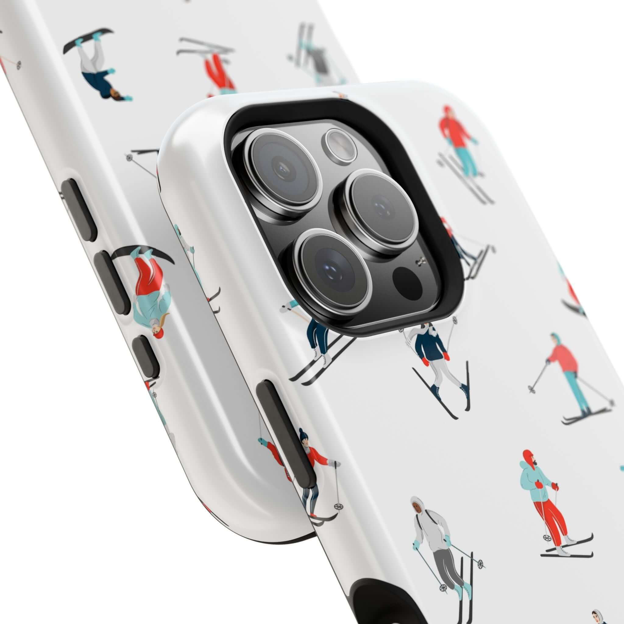 Cute phone cover featuring skiers, perfect for winter sports enthusiasts and MagSafe compatible.