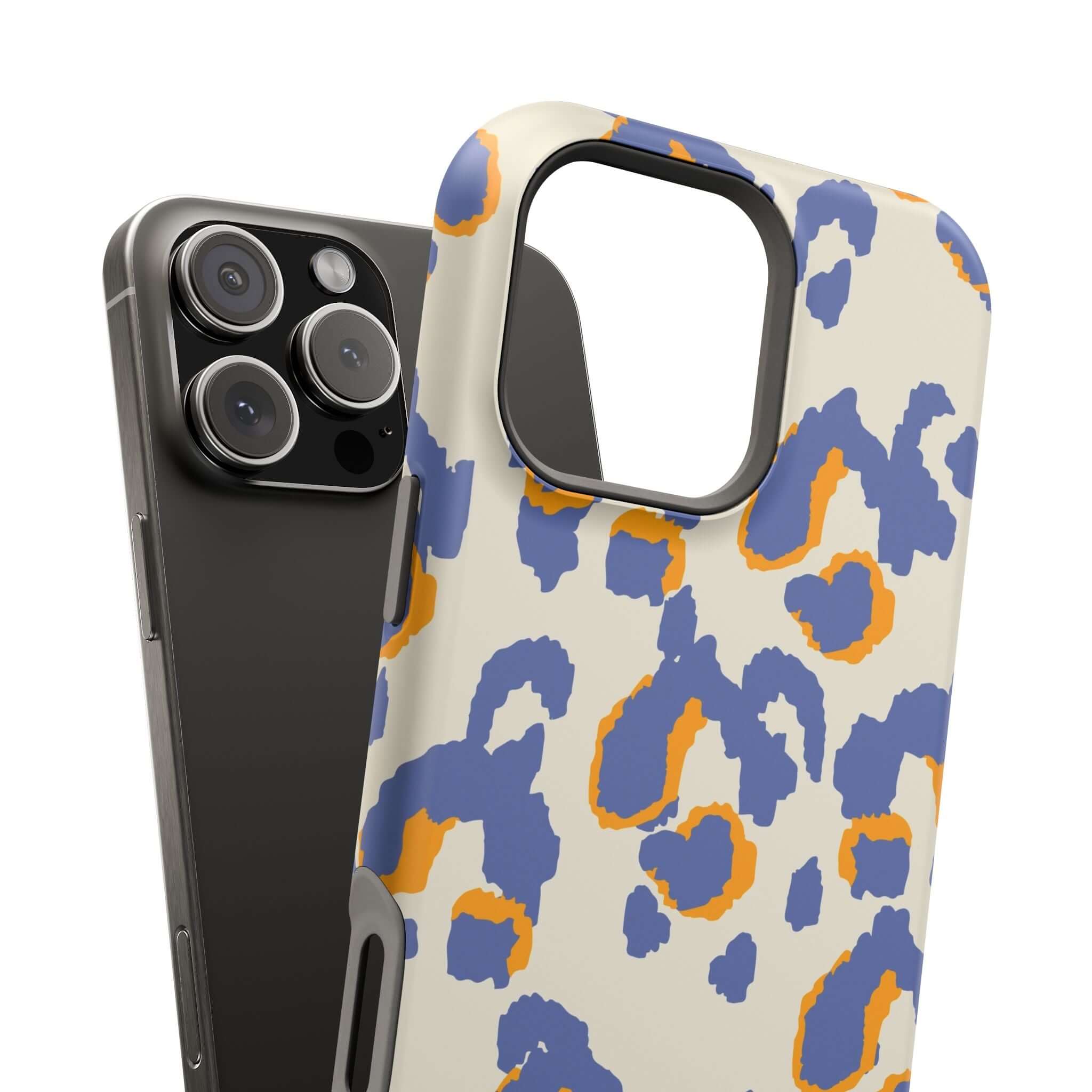 Colorful Safari Blaze blue leopard print MagSafe iPhone case, cute abstract design for protection and style.