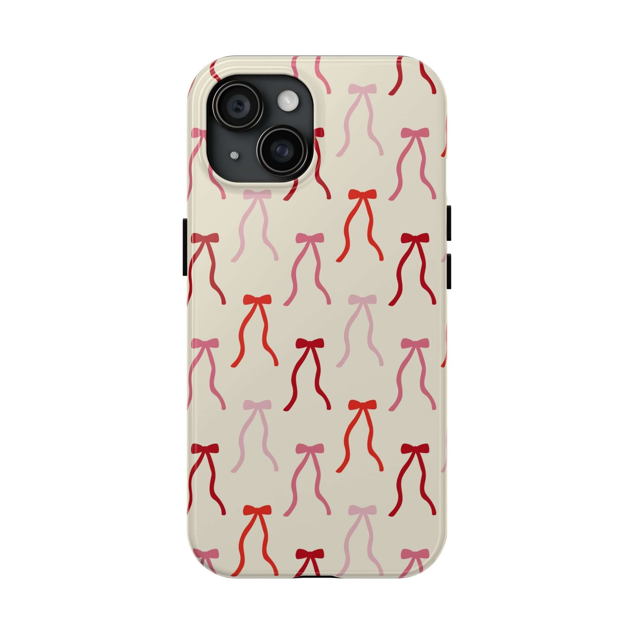 Beige coquette phone case with red bow design for iPhone 16, cute and stylish protection accessory.