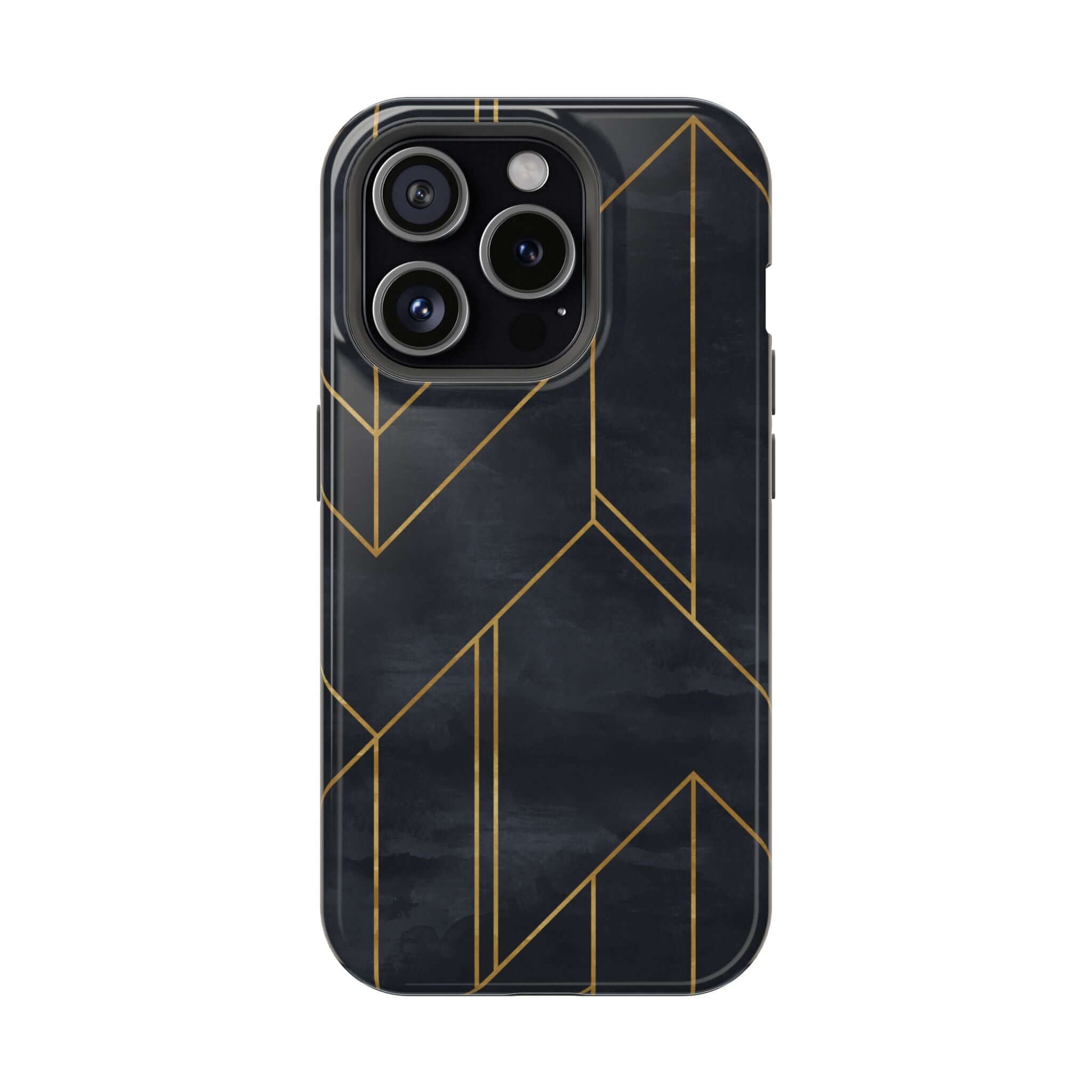 Modern geometric black iPhone case with gold lines, Urban Vibe design, enhances style with a colorful, abstract, and cute phone case look.