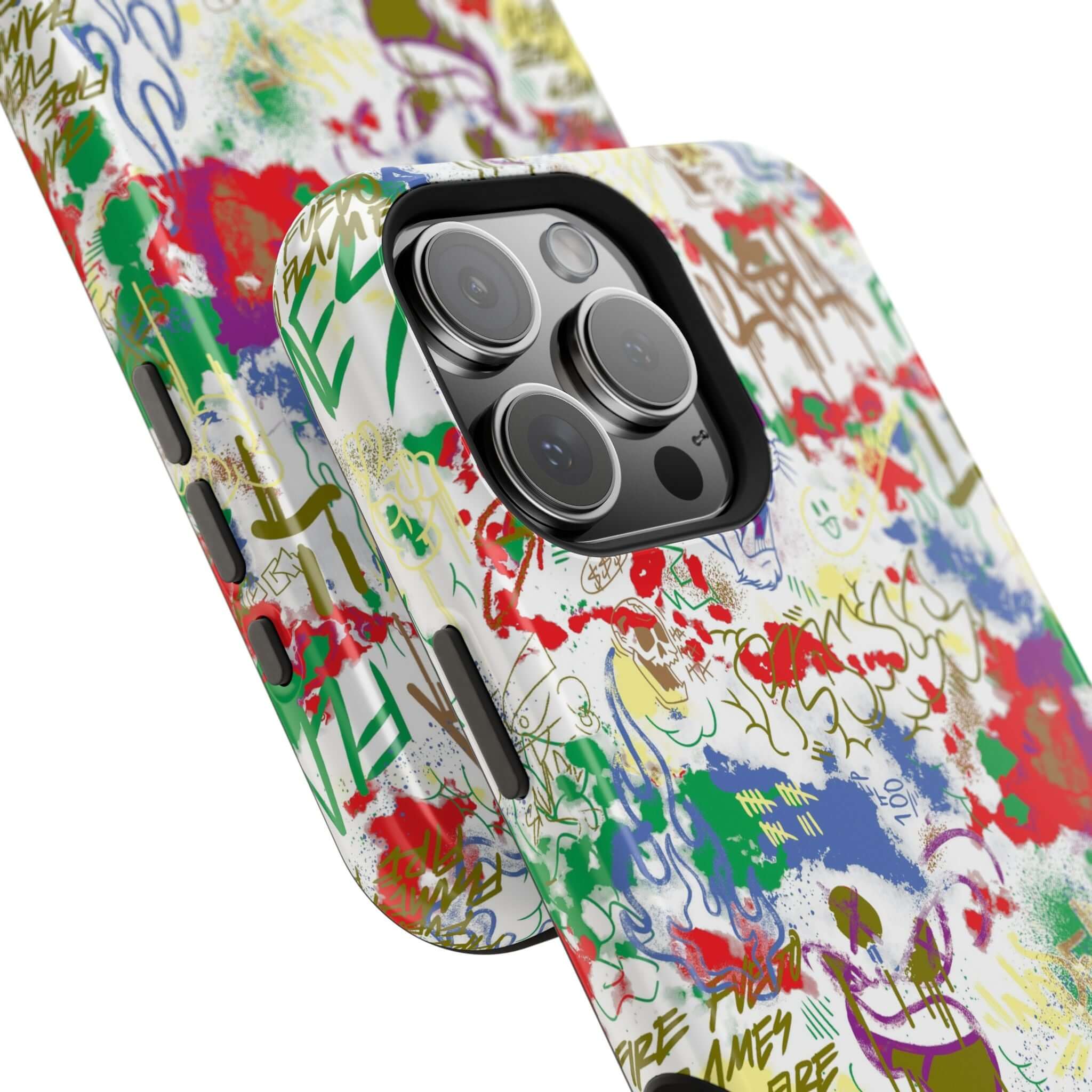 Colorful graffiti phone case design featuring vibrant street art patterns and MagSafe compatibility for iPhone.