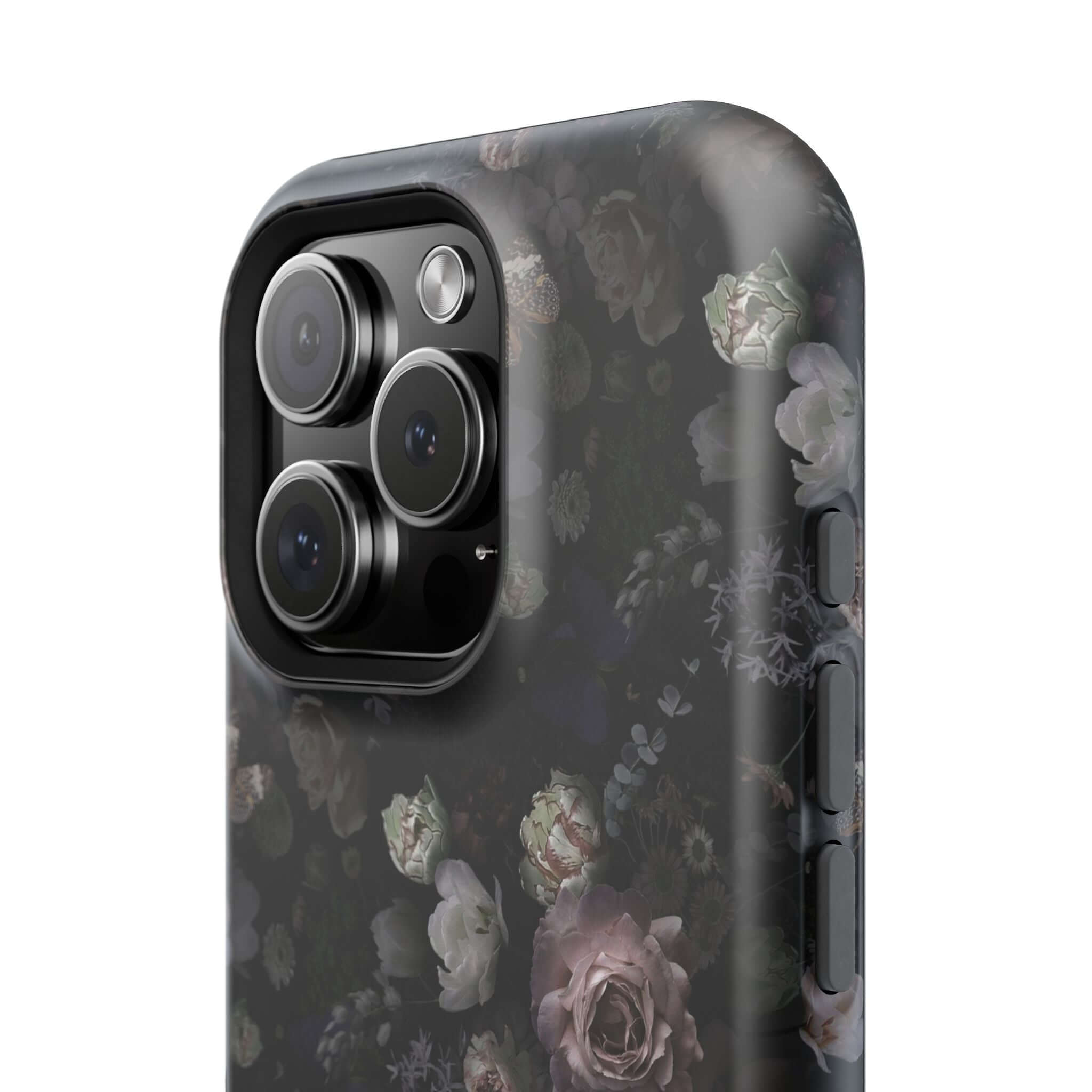 Midnight Curse Black Floral MagSafe iPhone Case with Black Roses, Cute Protective Phone Cover, Stylish Floral Design