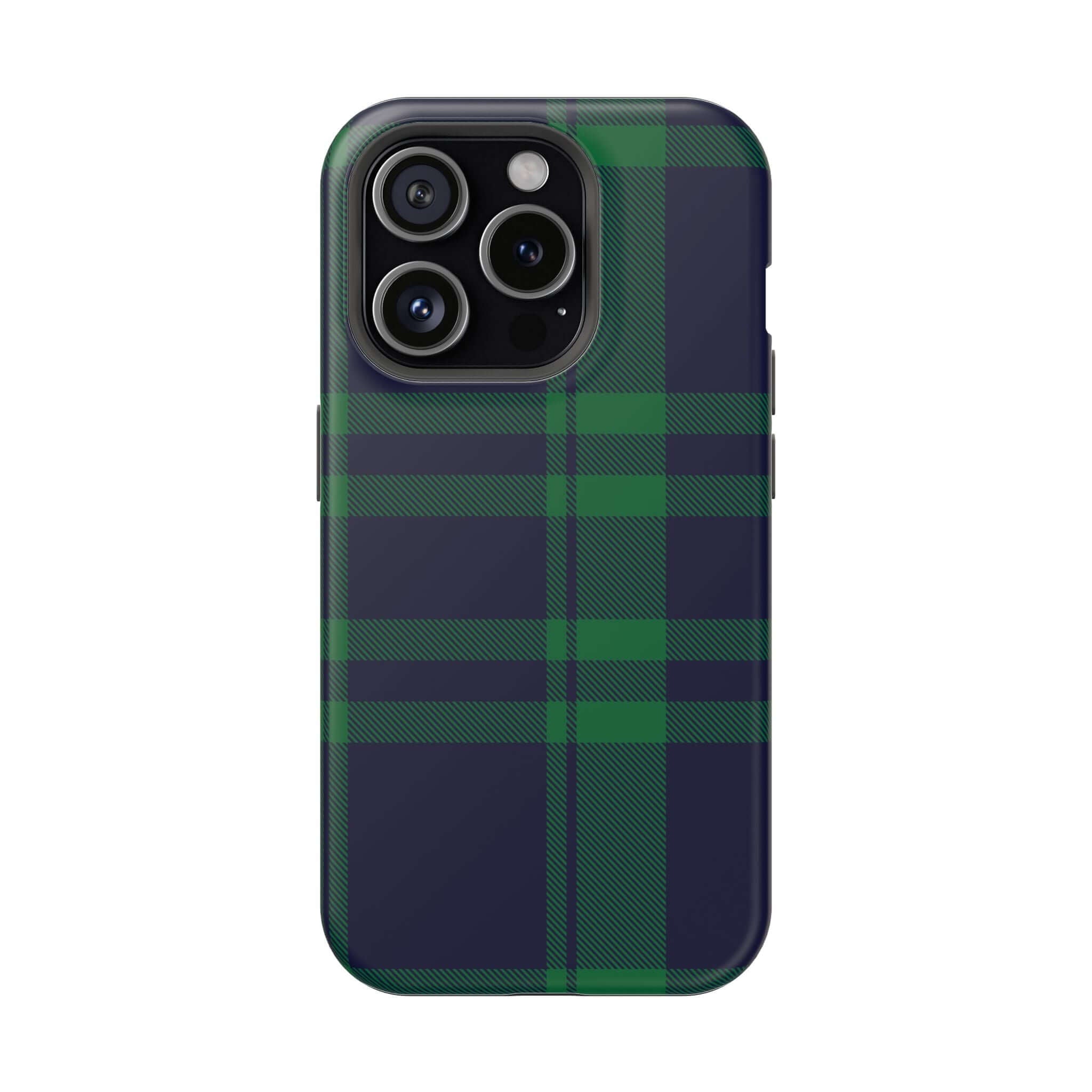 Mistletoe Plaid MagSafe Case for iPhone, featuring a cute plaid pattern in green and navy for holiday cheer.