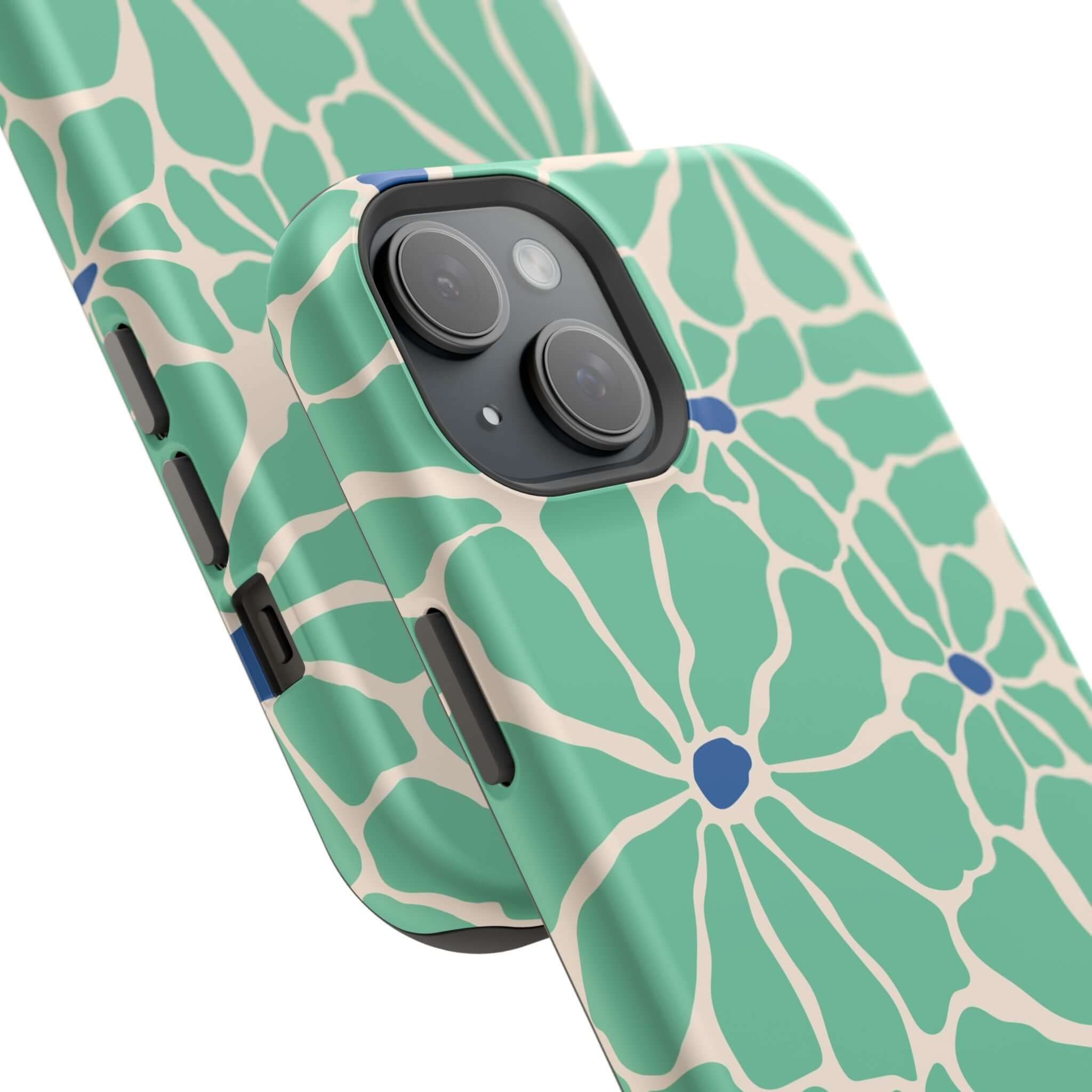 Close-up of Tropical Splash Retro Floral Case for iPhone, featuring a vibrant green and blue floral design.