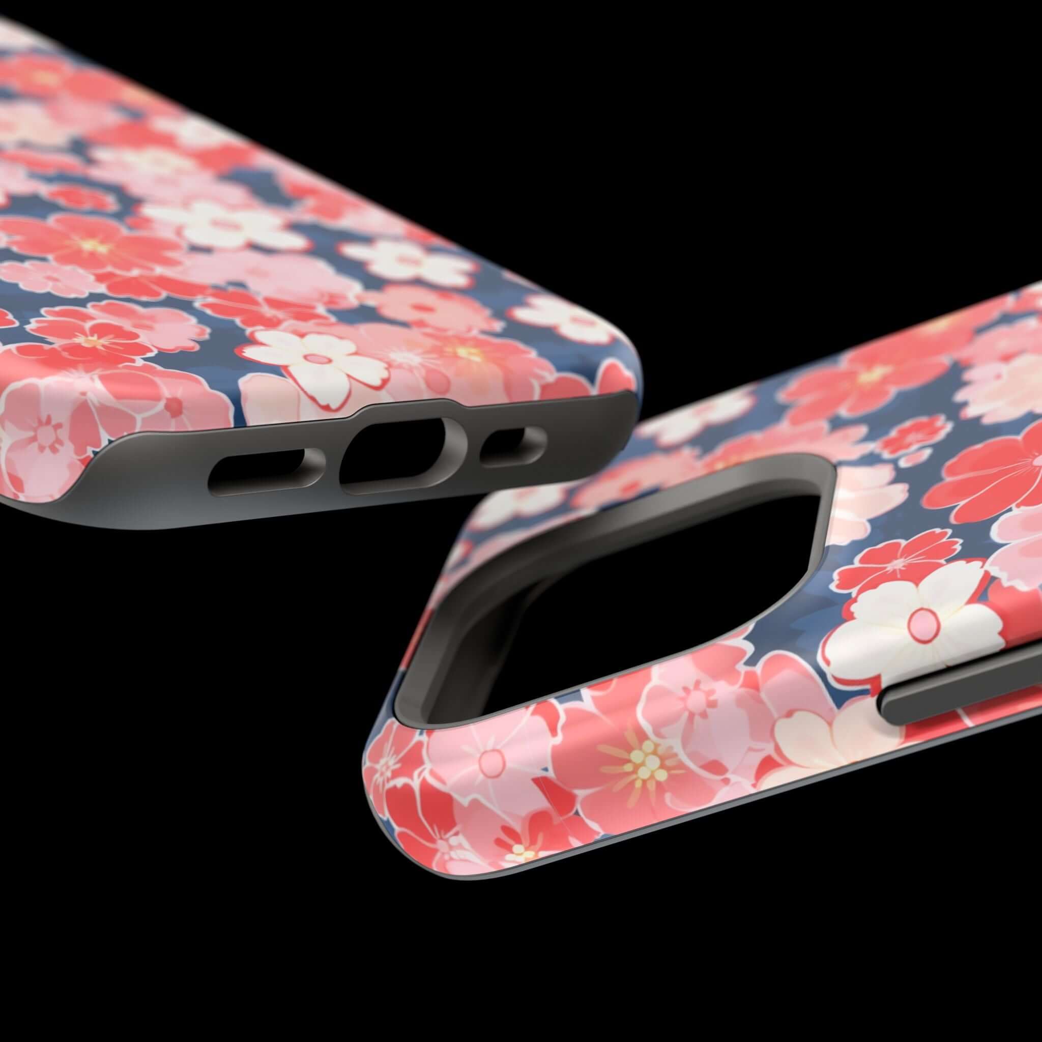 Close-up of Oh So Pretty pink floral iPhone 14 Pro Max case showcasing detailed design and cutouts for phone ports.