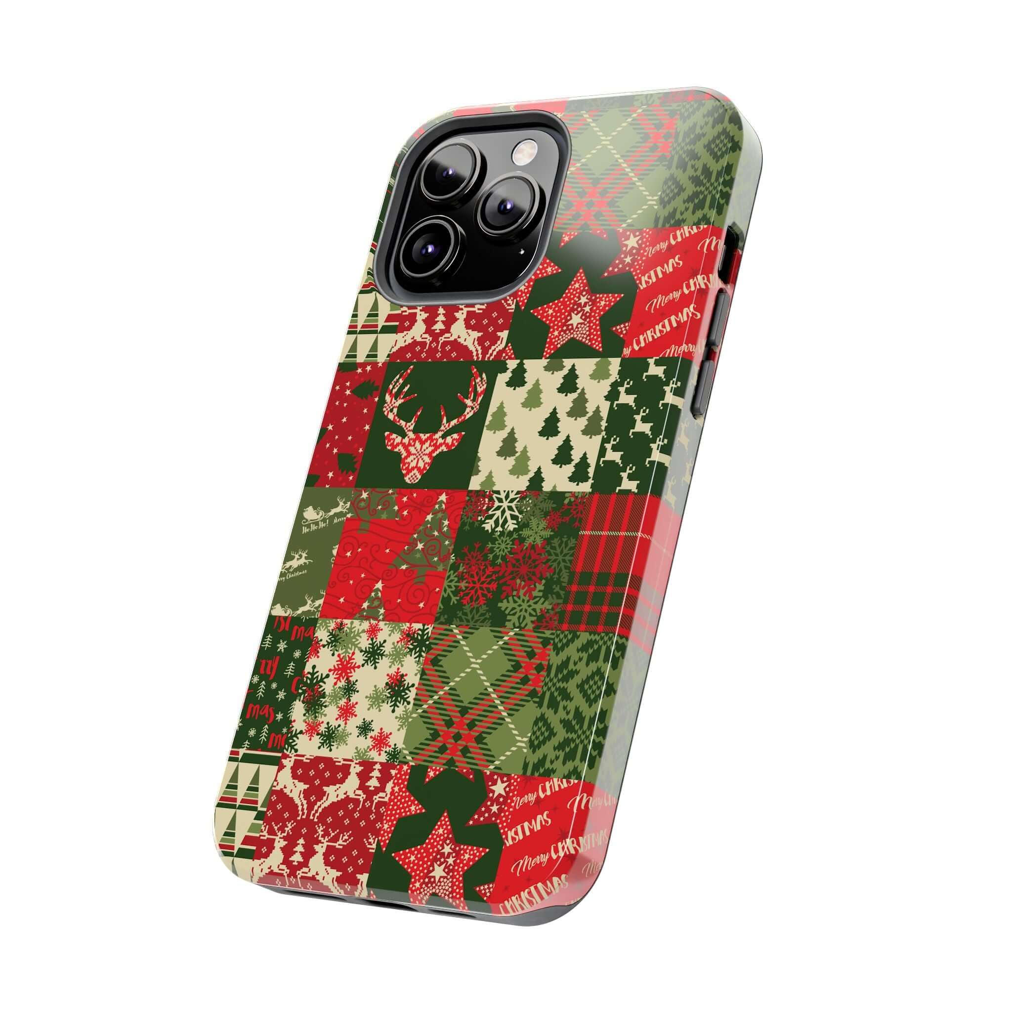 Festive green and red Christmas-themed phone case with patchwork designs including trees and stars, perfect cute iPhone case for the holidays.