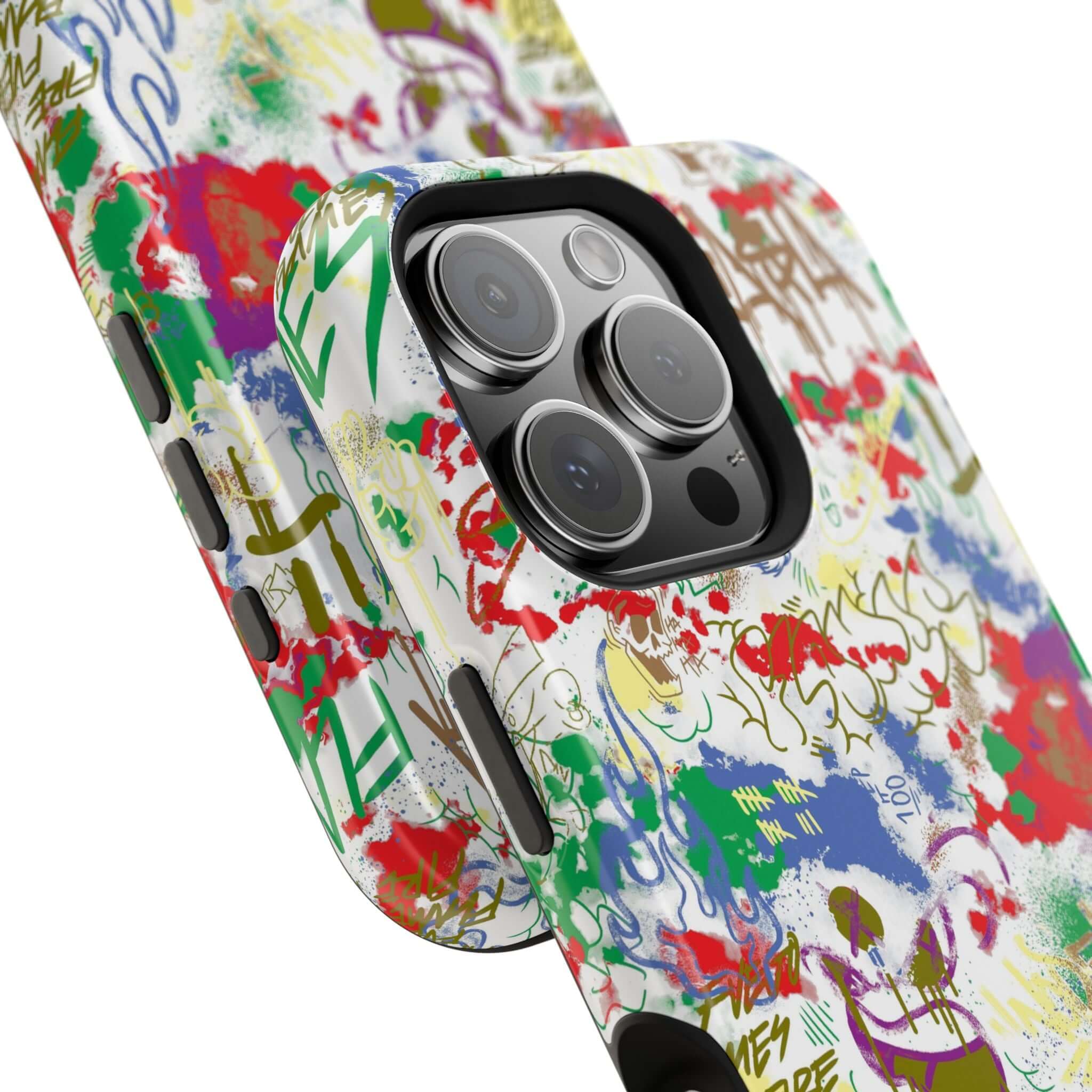 Close-up of the Art Attack Colorful Graffiti Case, showcasing vibrant street art design and MagSafe compatibility for iPhone.