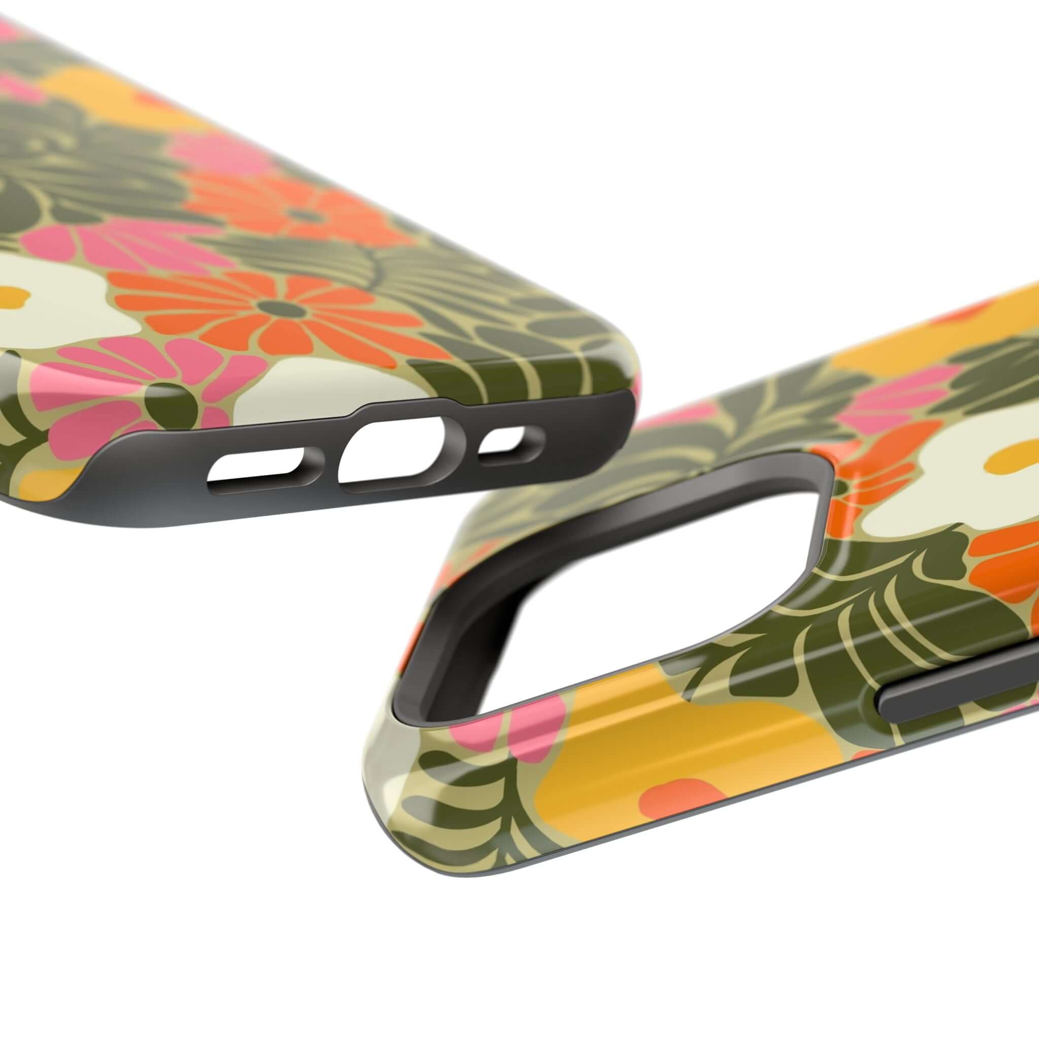 Colorful retro floral phone case design showcasing vibrant tropical flowers for a cute iPhone cover with MagSafe compatibility.