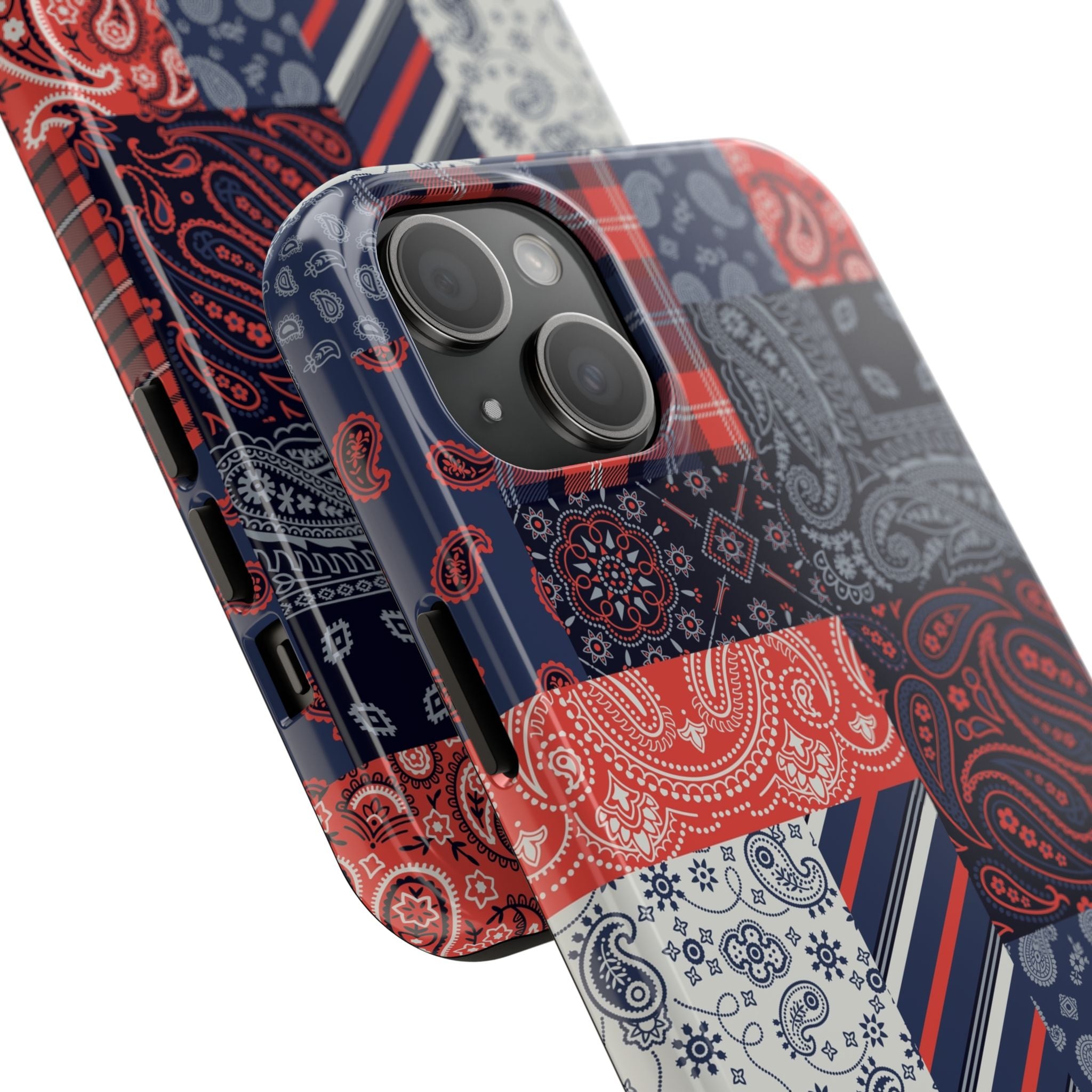 Cute bookish iPhone 14 Pro case with bandana patchwork design for fashion-forward men