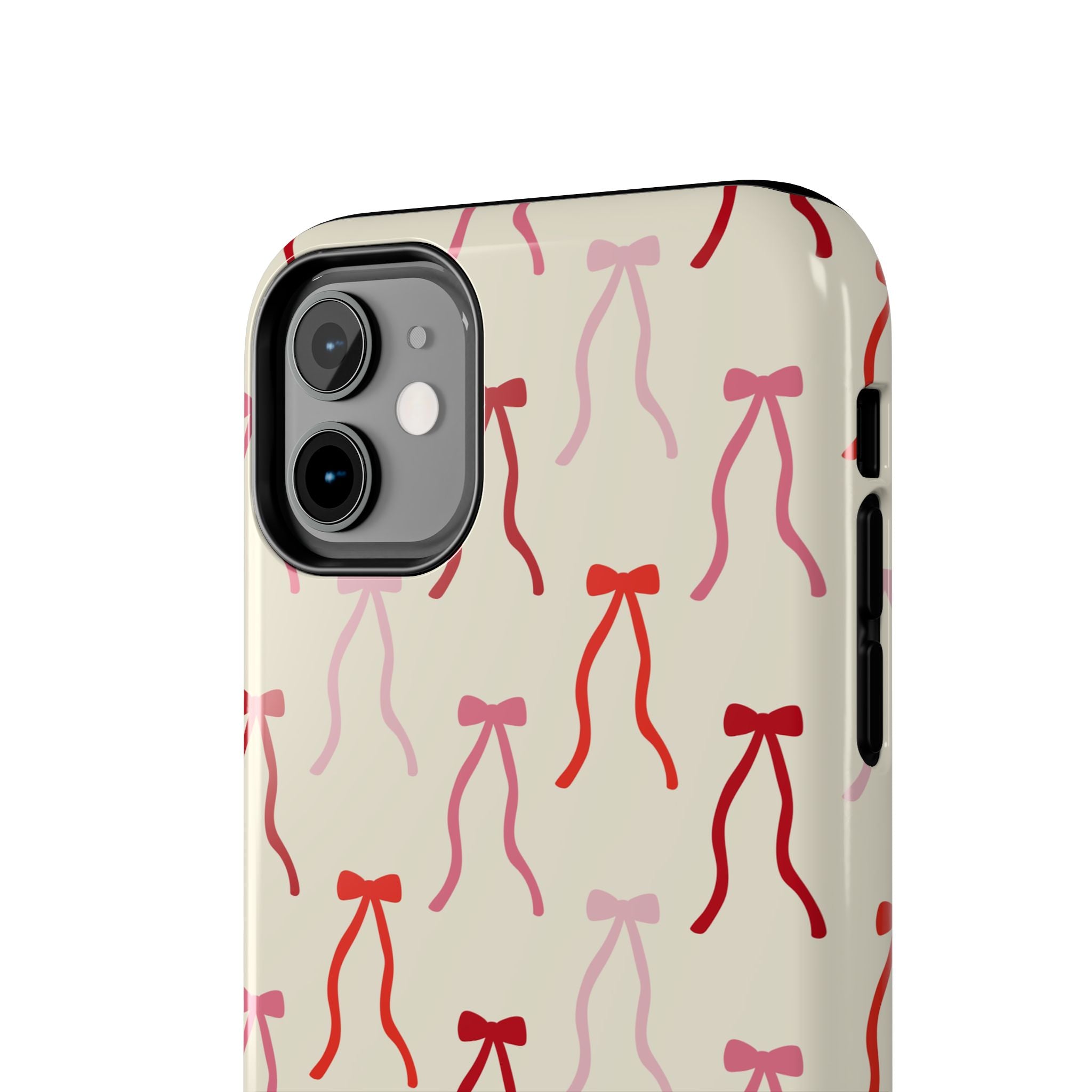 Beige Coquette Case with red bow design for iPhone 16, cute phone case featuring playful bows for stylish protection.