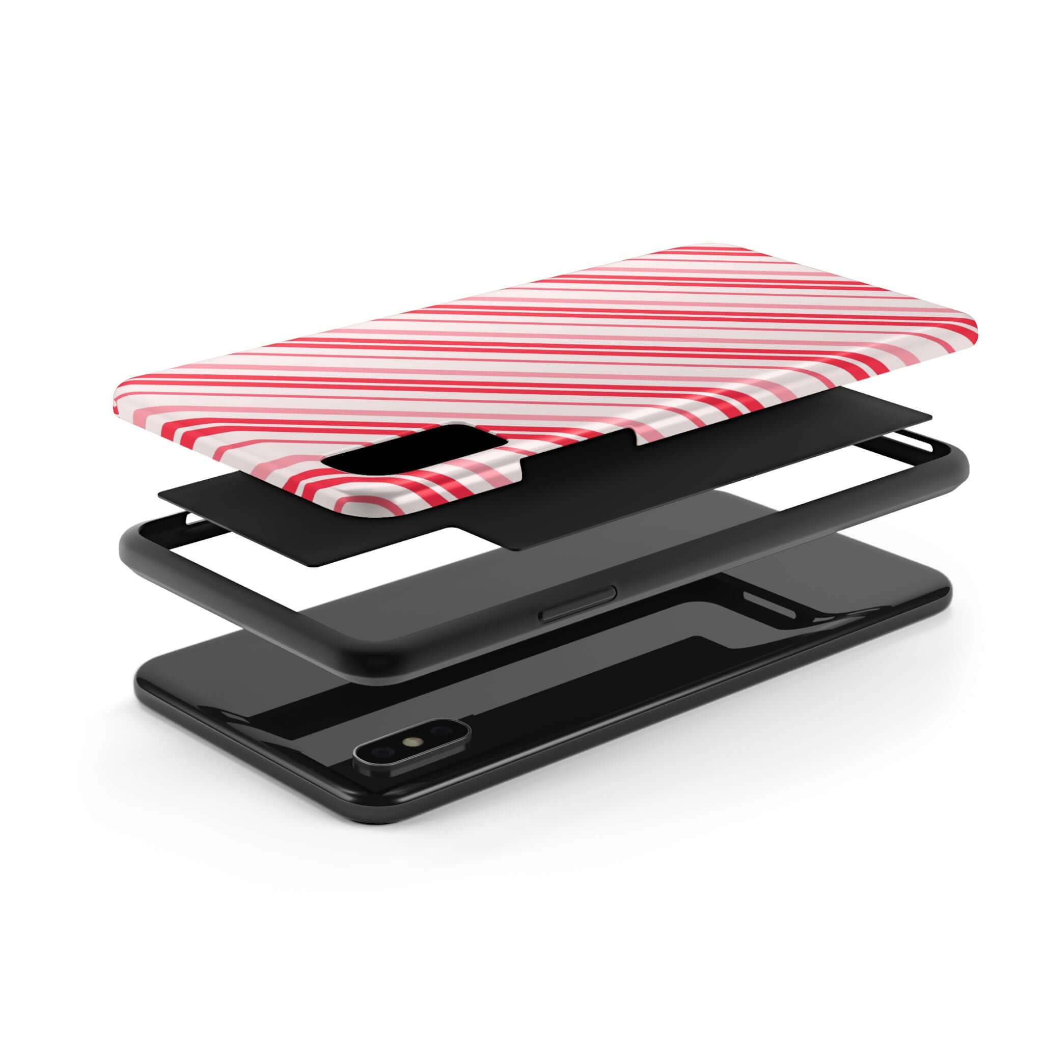 Candy Cane Cutie striped holiday iPhone case with festive Christmas design in exploded view, featuring a custom phone case style.