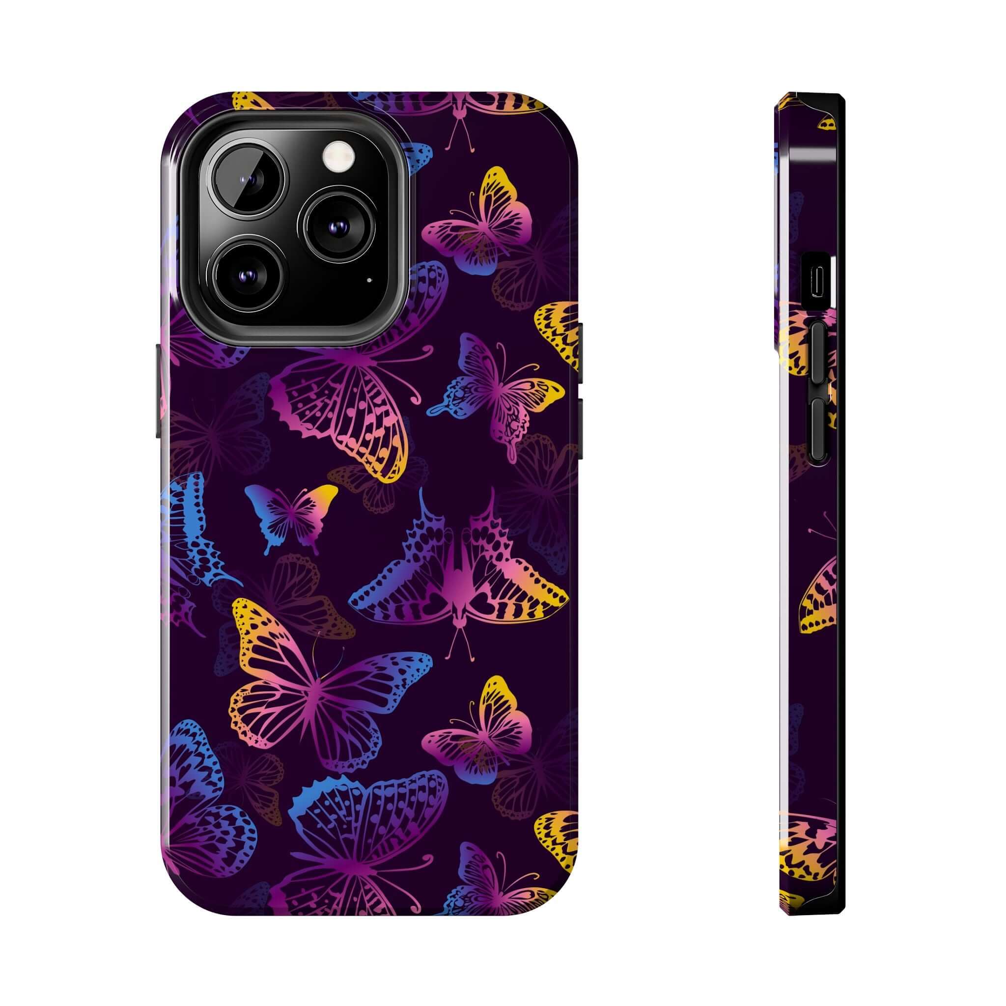 Midnight Flutter black butterfly design MagSafe iPhone case, a cute and bold floral phone cover for butterfly lovers.