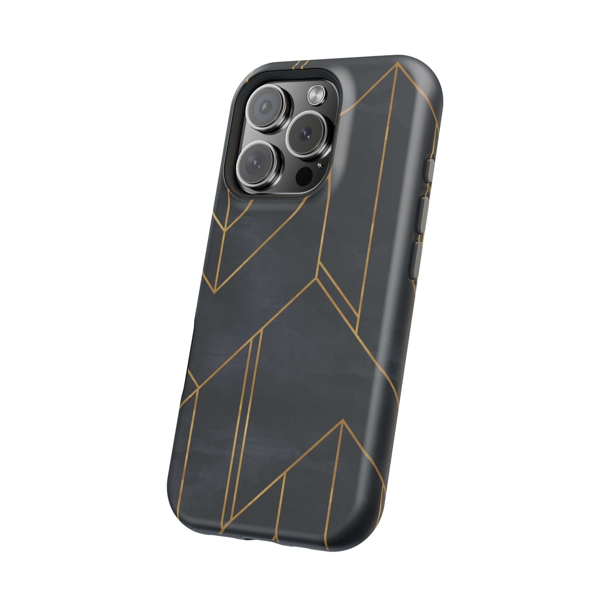 Urban Vibe Modern Geometric Case for iPhone with sleek black and gold abstract design, a trendy and cute phone accessory.