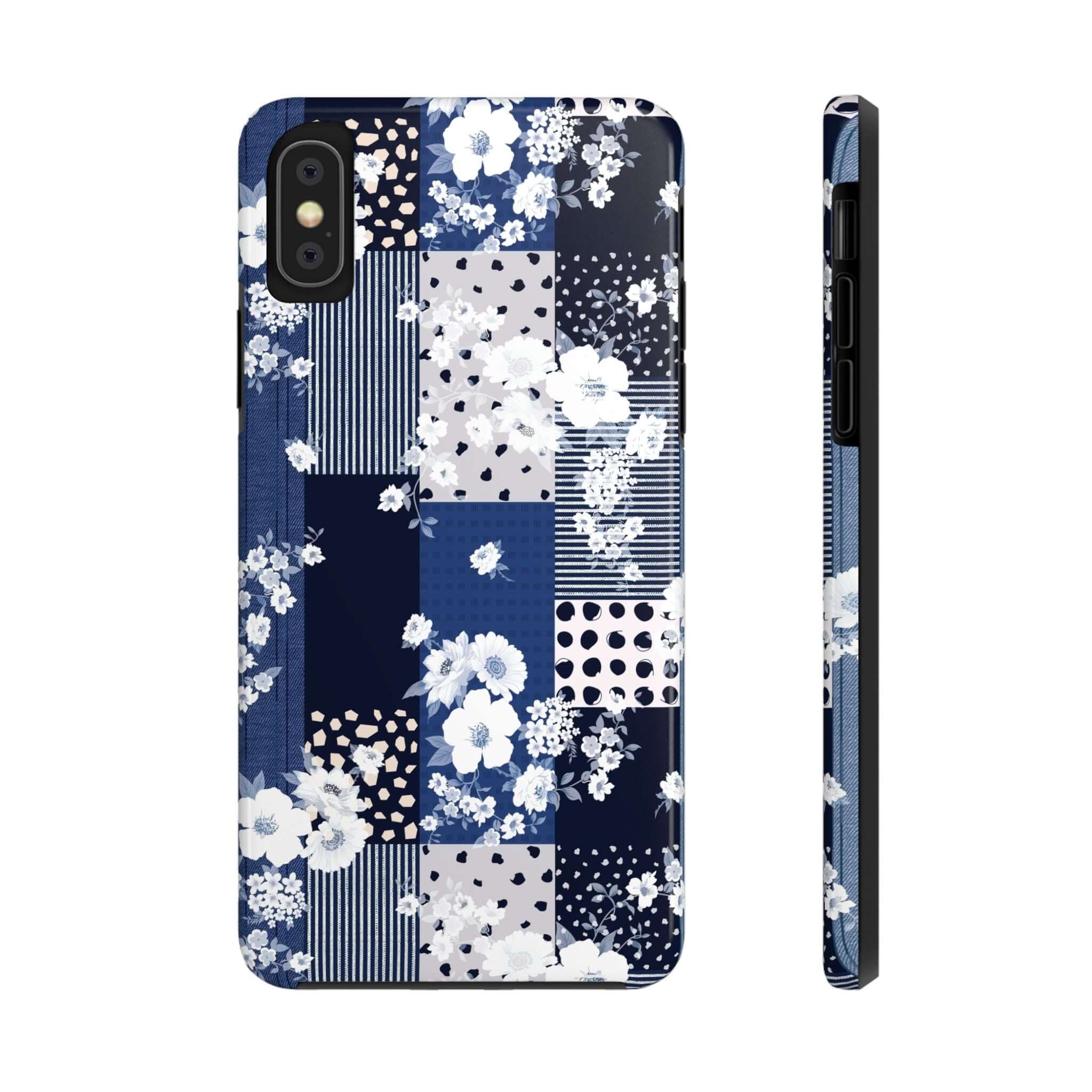 Blue floral sorority book club phone case for iPhone and Samsung, cute patchwork design phone cover with flowers.