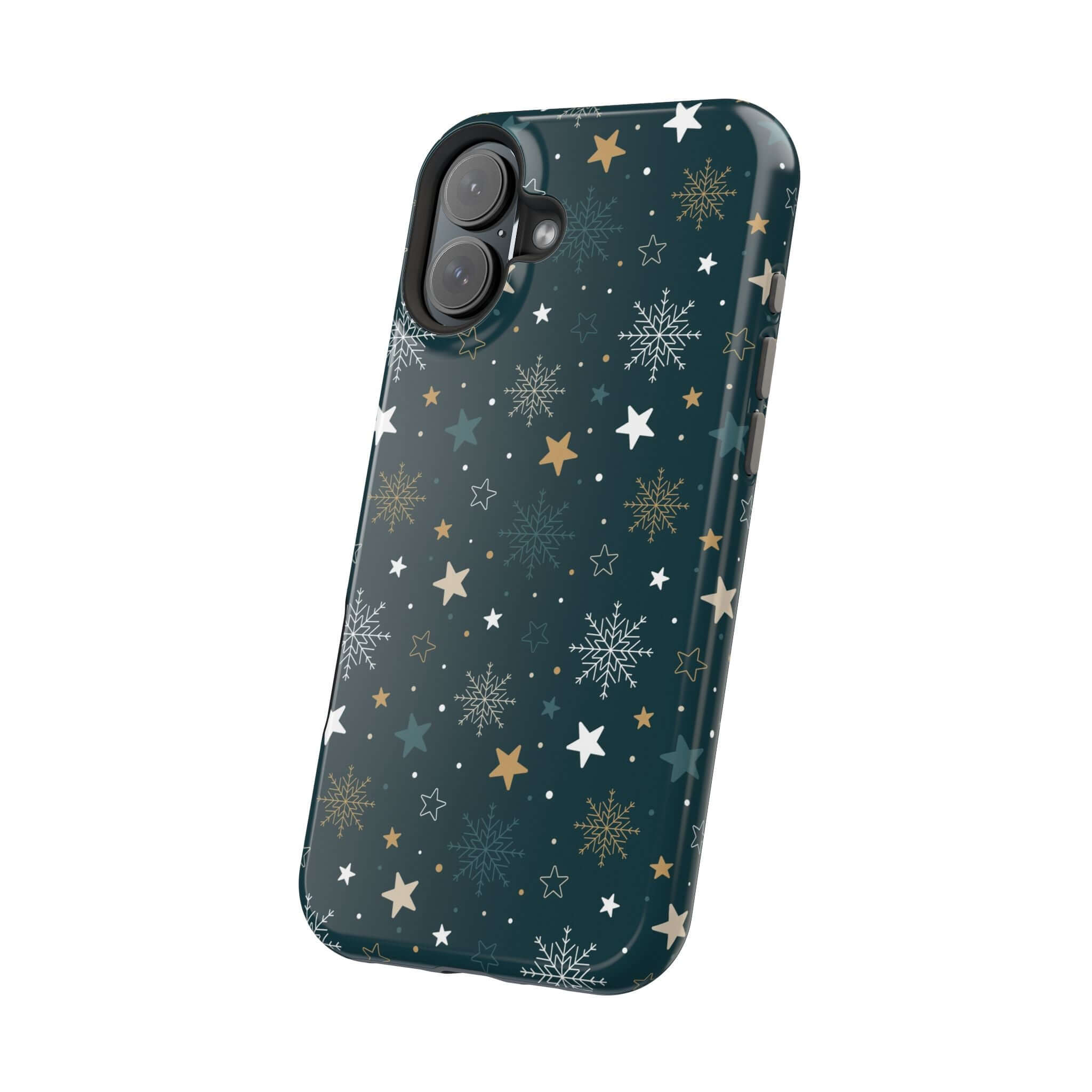 Frosted Wishes Christmas phone case with snowflakes and stars, compatible with MagSafe, cute holiday accessory.