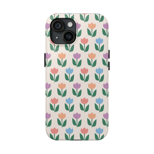 Floral iPhone 14 Pro Max case with colorful tulips, featuring vibrant flower patterns for a cheerful and quirky phone accessory.