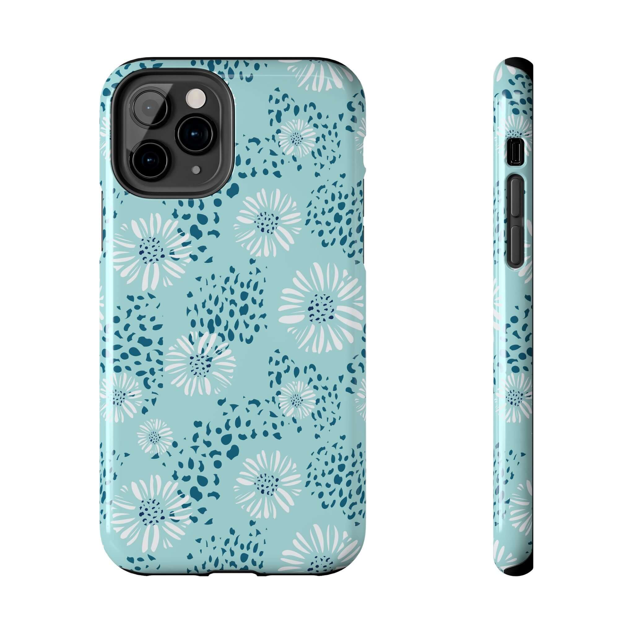 Coastal Aesthetics Floral Beach iPhone 14 Pro Max case in teal with white and blue flower design, cute phone case for beach lovers