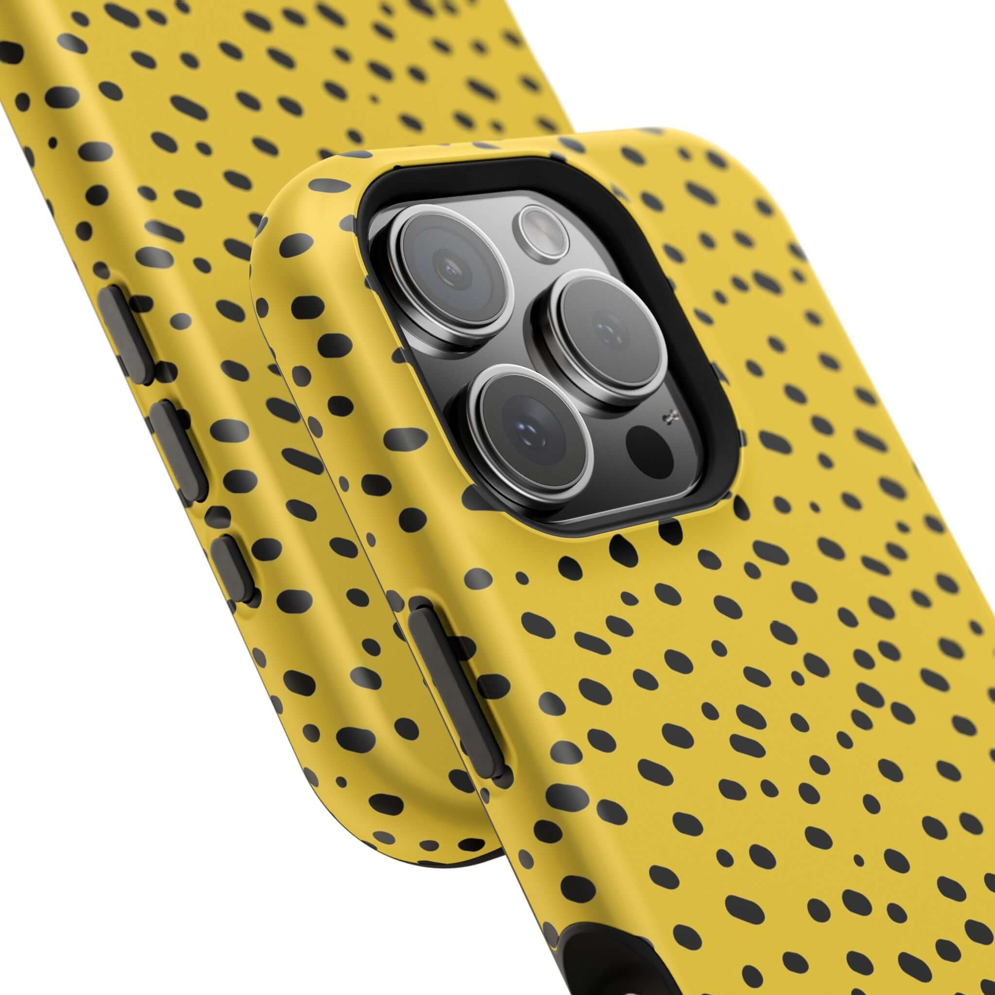 Yellow Cheetah iPhone Case with bold black spots, featuring a cute and colorful abstract design ideal for style and protection.