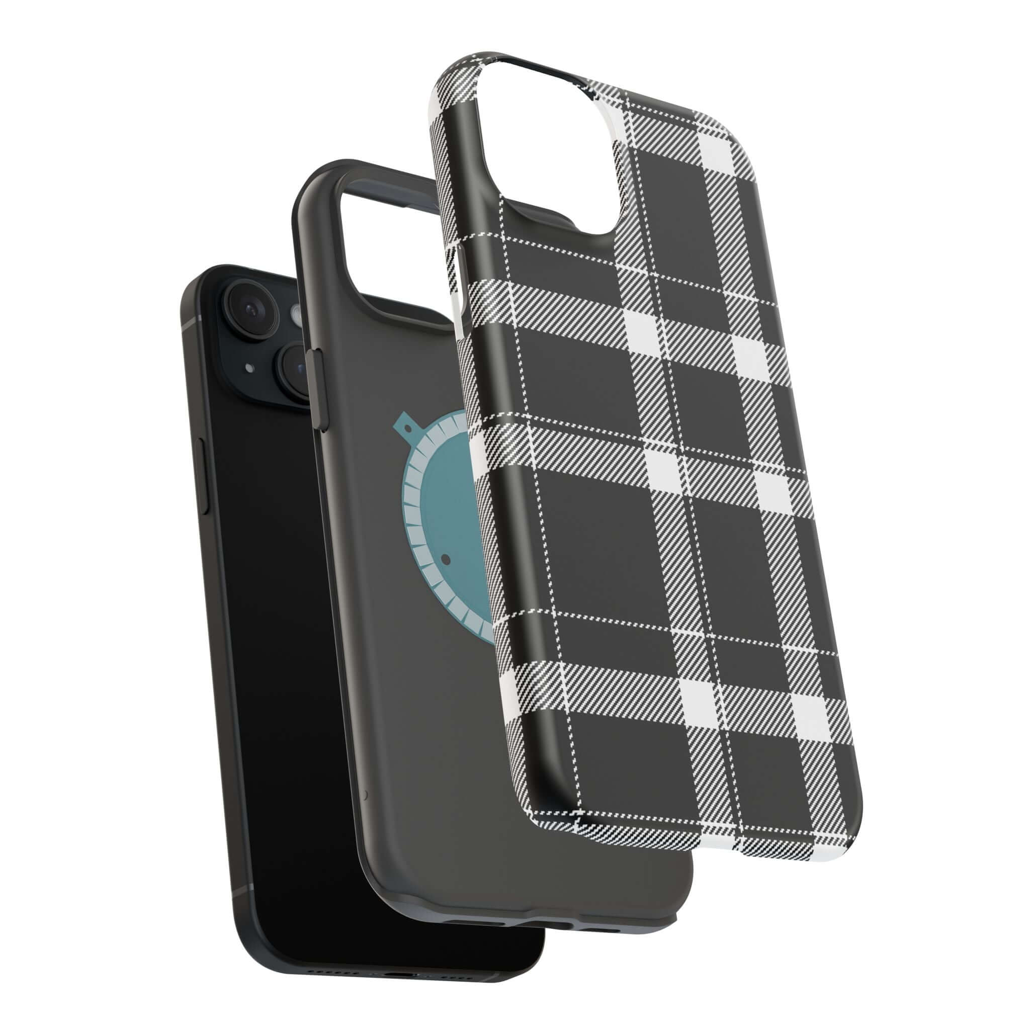 Black plaid iPhone case showcased with a sleek black phone, combining style and protection for a trendy look.