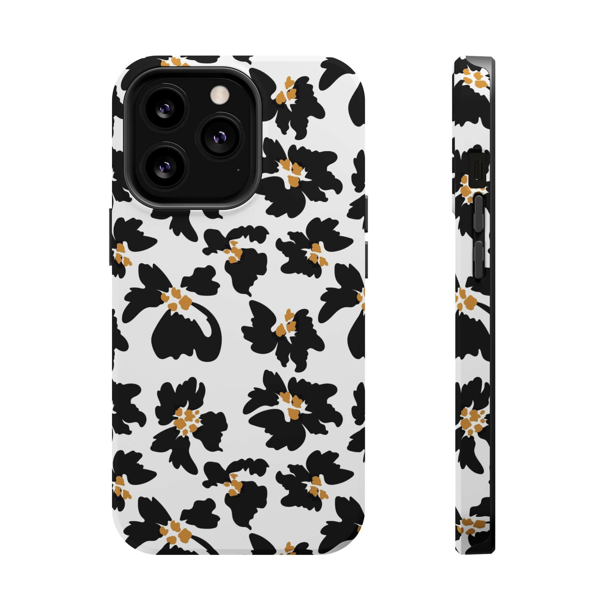 Modern Noir Flora black floral iPhone case with stylish animal print design, cute MagSafe compatibility, side and back view.