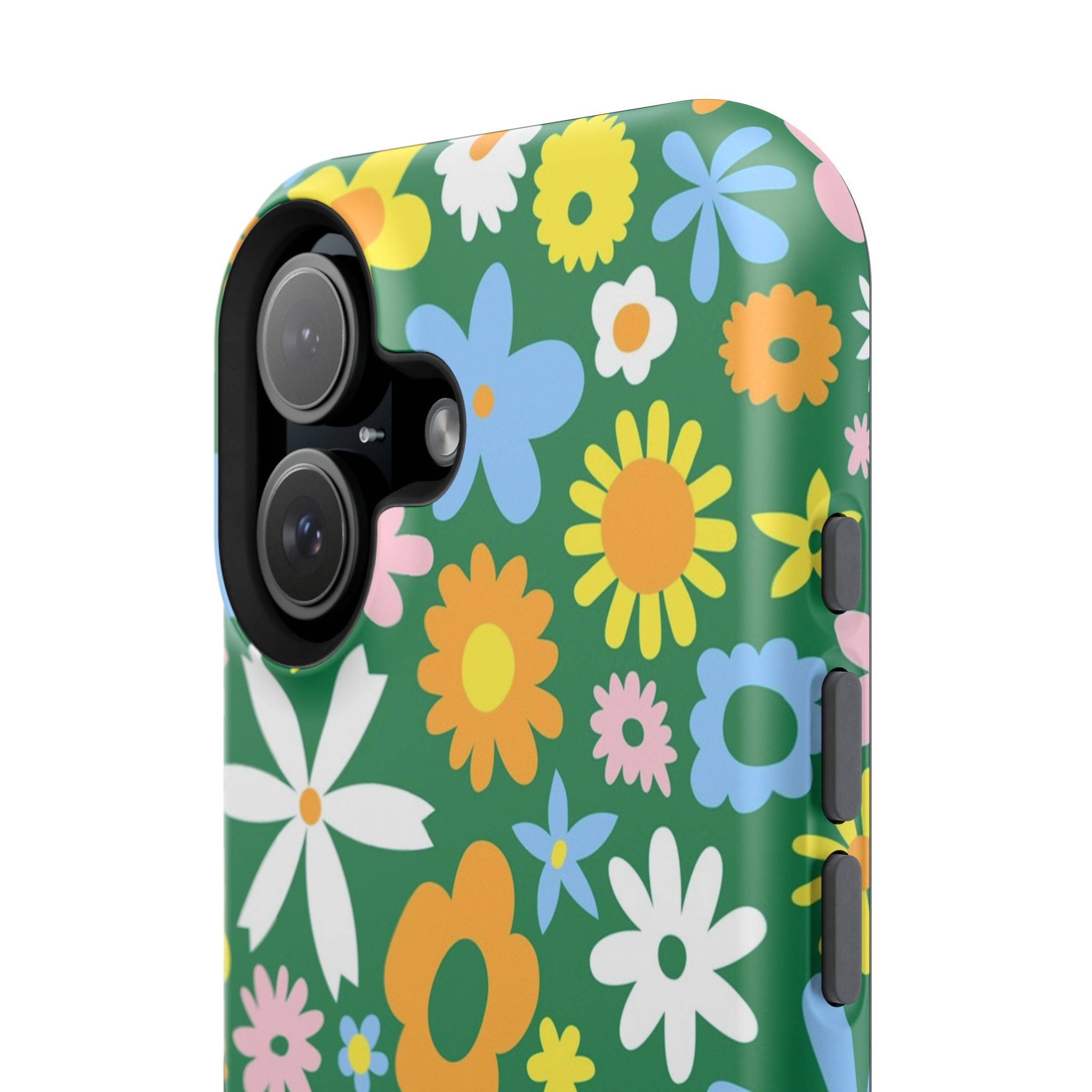 Colorful floral MagSafe iPhone case with vibrant hippie design on a green background, perfect cute phone cover for style and protection.