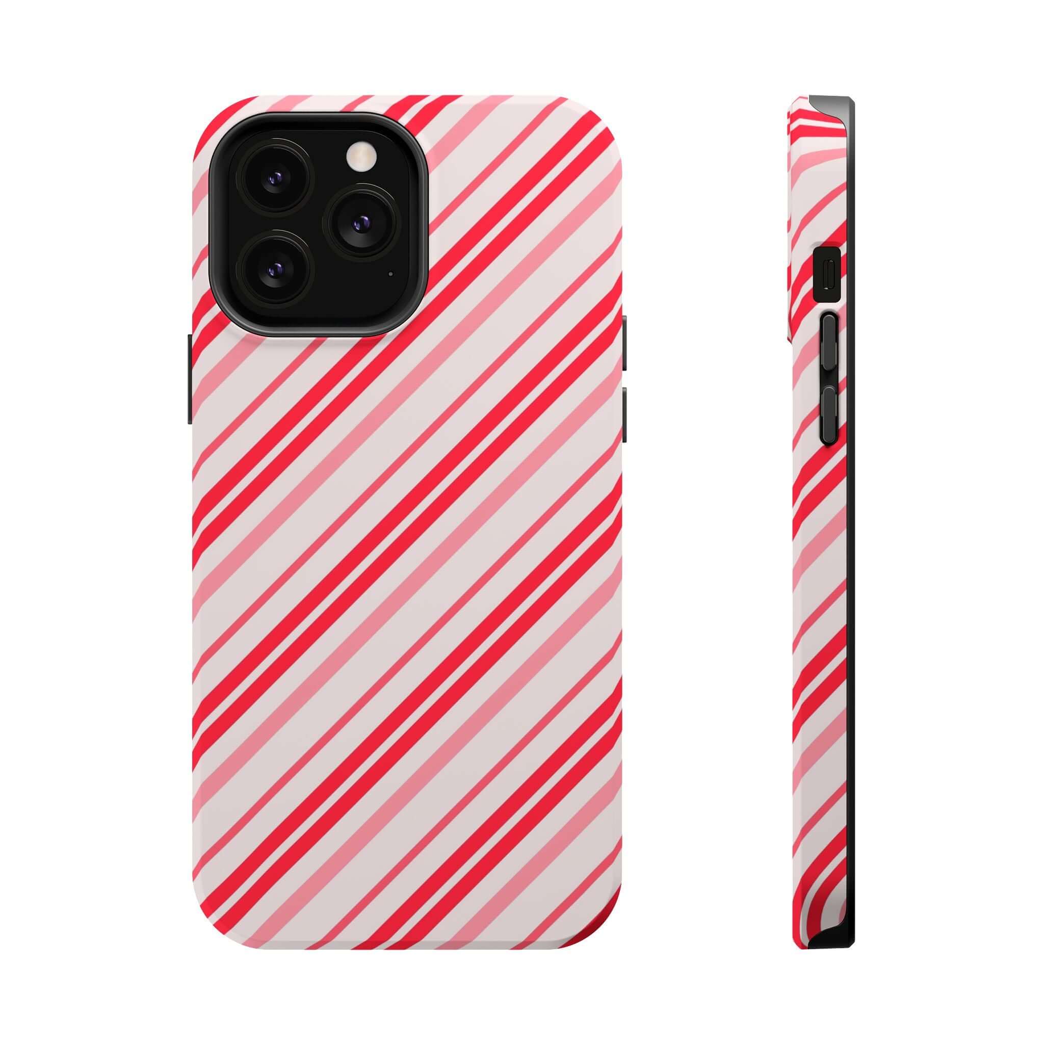 Festive Candy Cane MagSafe Case with red and white stripes, perfect for Christmas and holiday cheer, a cute Xmas phone cover.