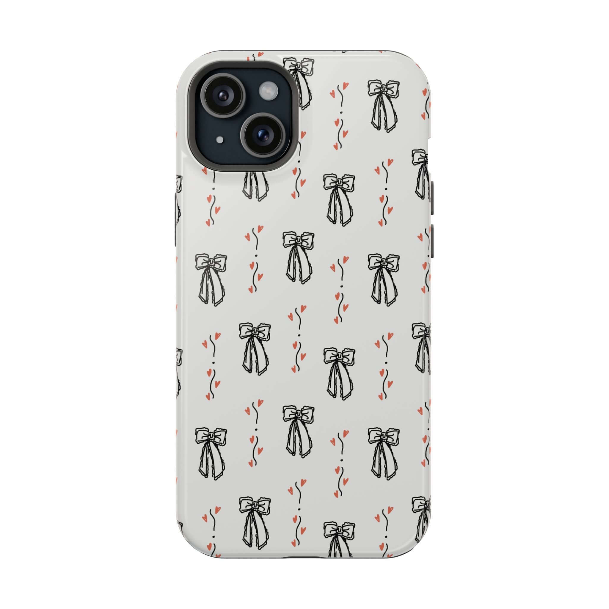 Vintage Coquette iPhone 16 case with cute black bow design, perfect for fashion-forward individuals seeking a stylish phone accessory.