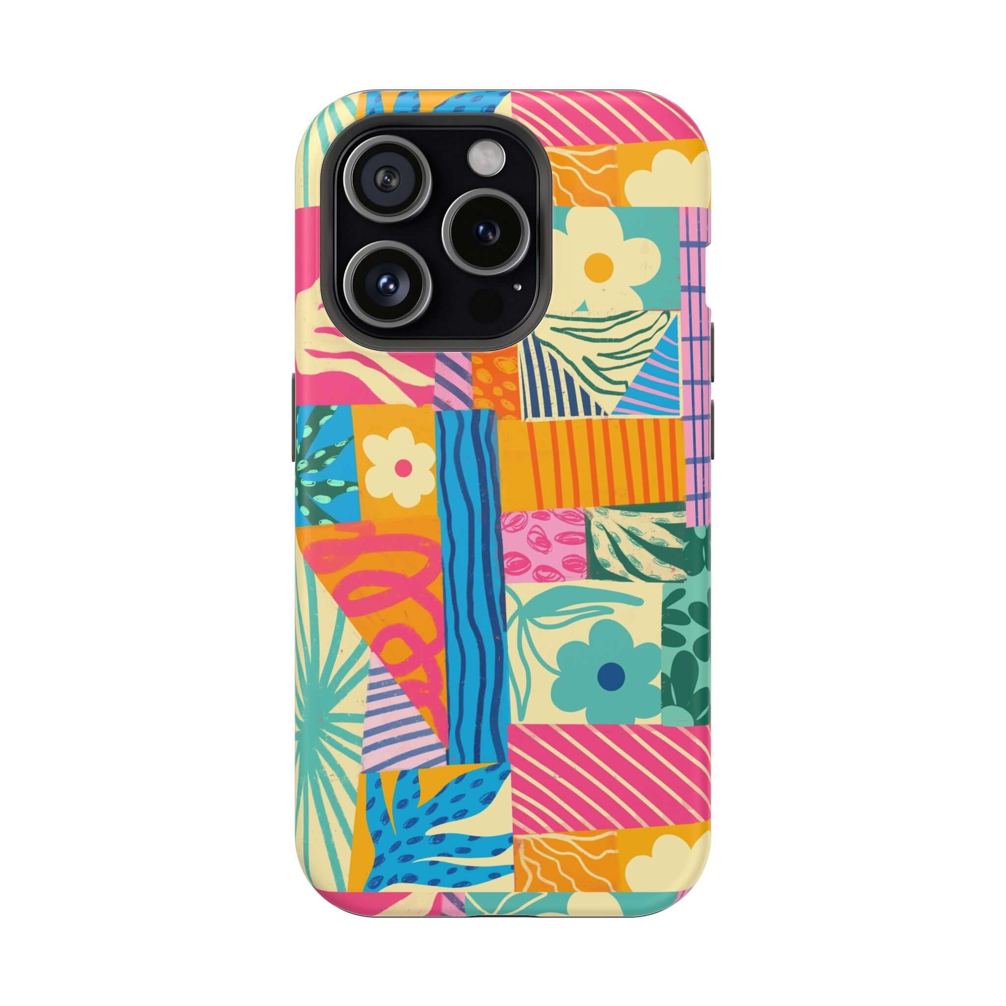 Colorful patchwork case for iPhone 16, featuring vibrant floral and geometric patterns, perfect for beach lovers and playful style.