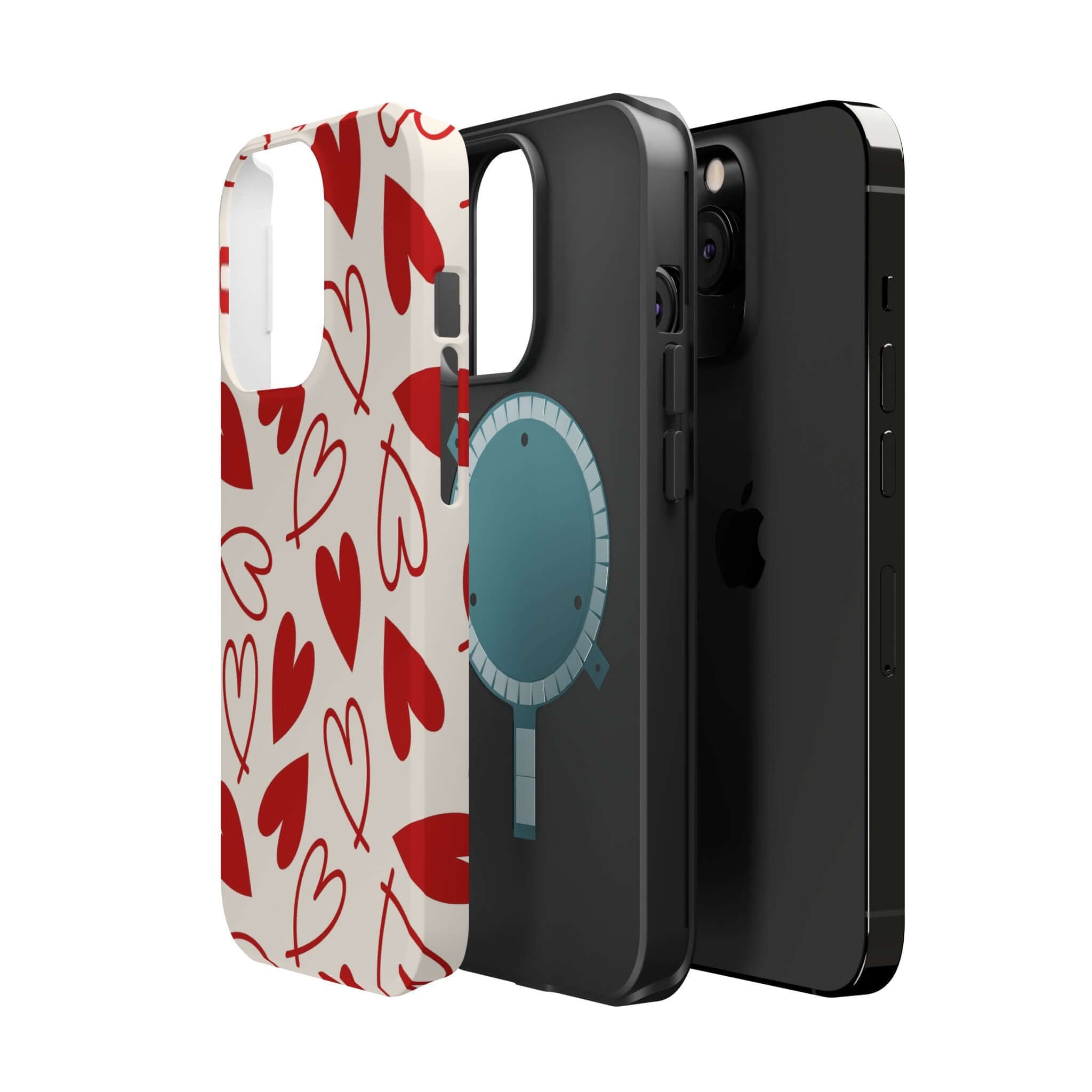 Cute phone cover with red hearts design for iPhone, showing quirky and fun protective case.