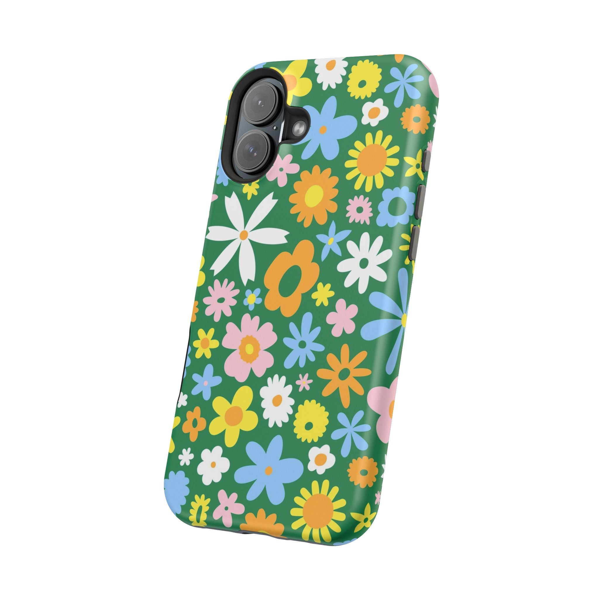 Vibrant floral MagSafe iPhone case with hippie design and colorful flowers on green background, cute phone cover for style.