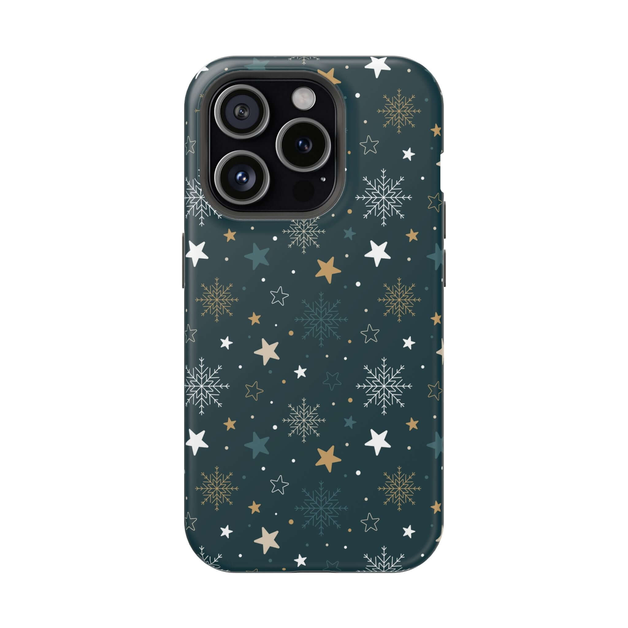 Christmas phone case with stars and snowflakes pattern, featuring MagSafe technology for secure charging; cute holiday phone cover.